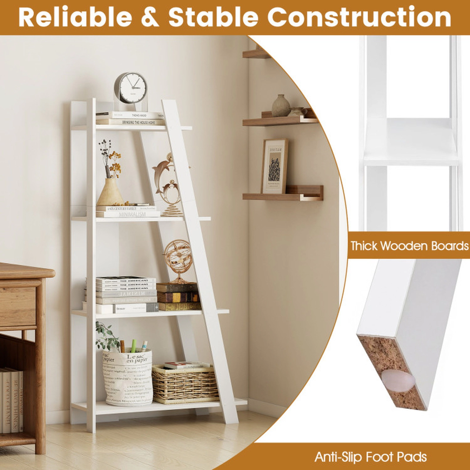 SUGIFT 4-Tier Modern Wooden Vertical Bookshelf 61-in Tall with 51-lb Shelves 203-lb Total Capacity White for Small Space