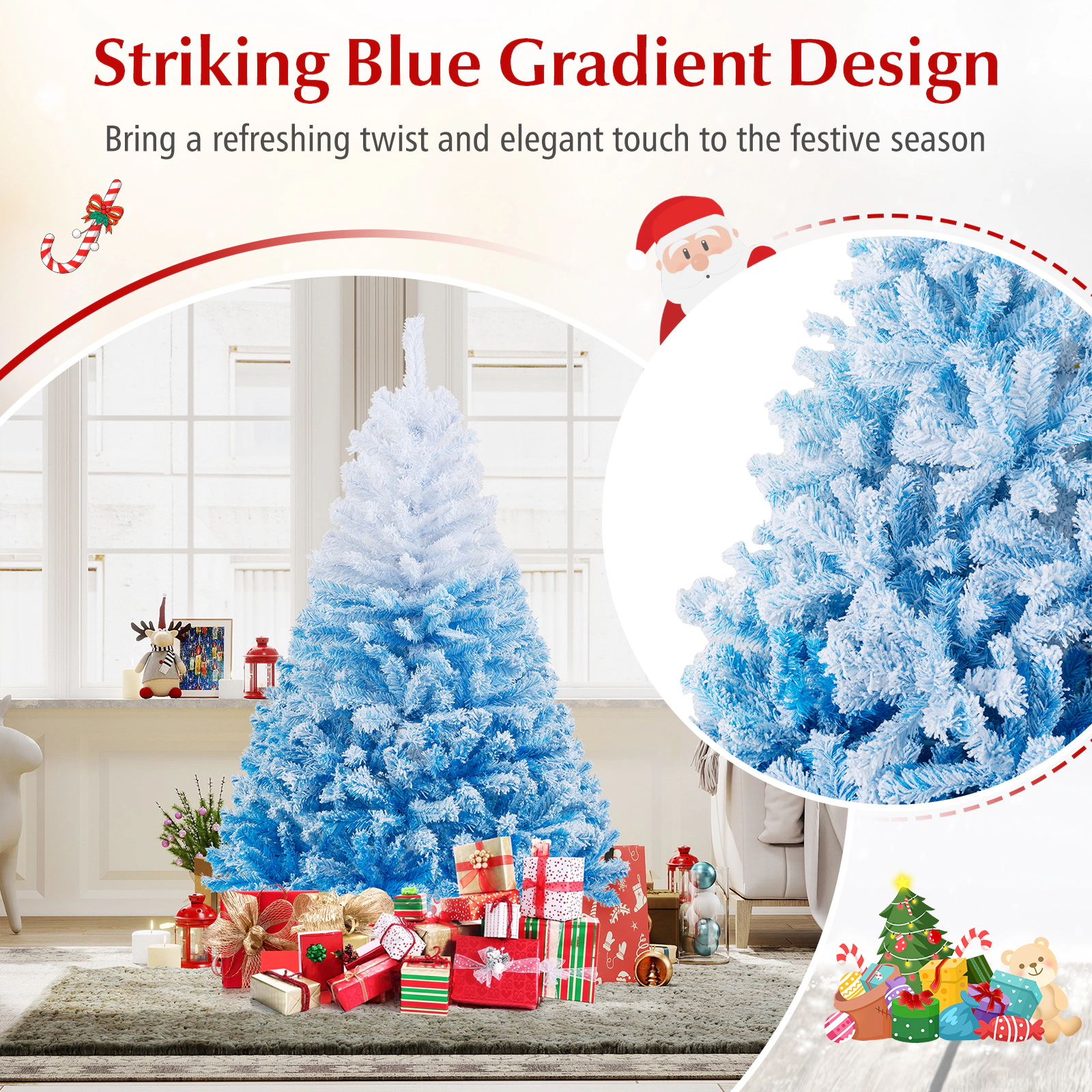 SUGIFT White and Blue Flocked Christmas Tree with Branch Tips and Folding Metal Stand