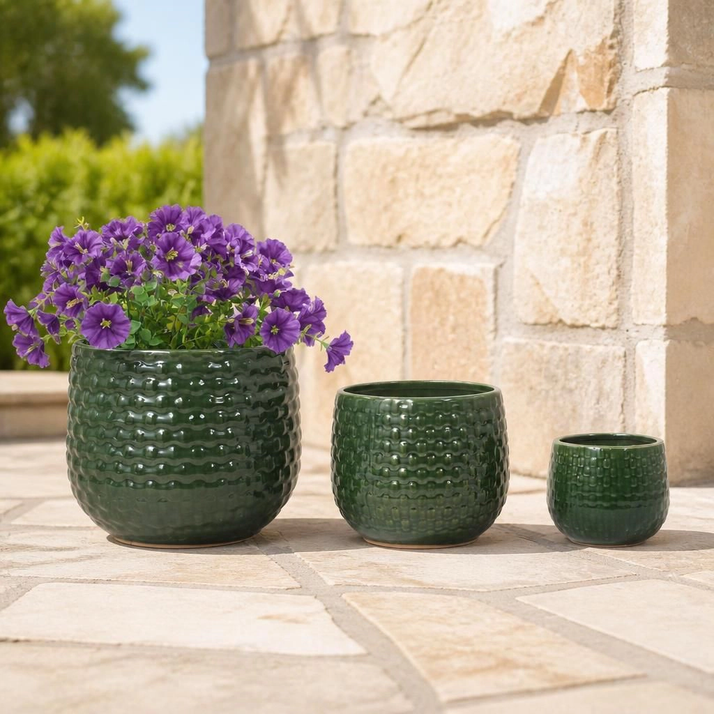 WOW PIONEER Round Ceramic Outdoor Garden Planter Pot for Flowers Succulents Vegetables Herbs Patio Balcony Yard Decor