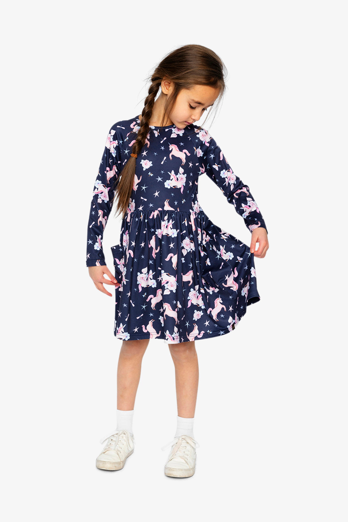 Deux par Girls Unicorn Print Long Sleeve Empire-Waist Dress