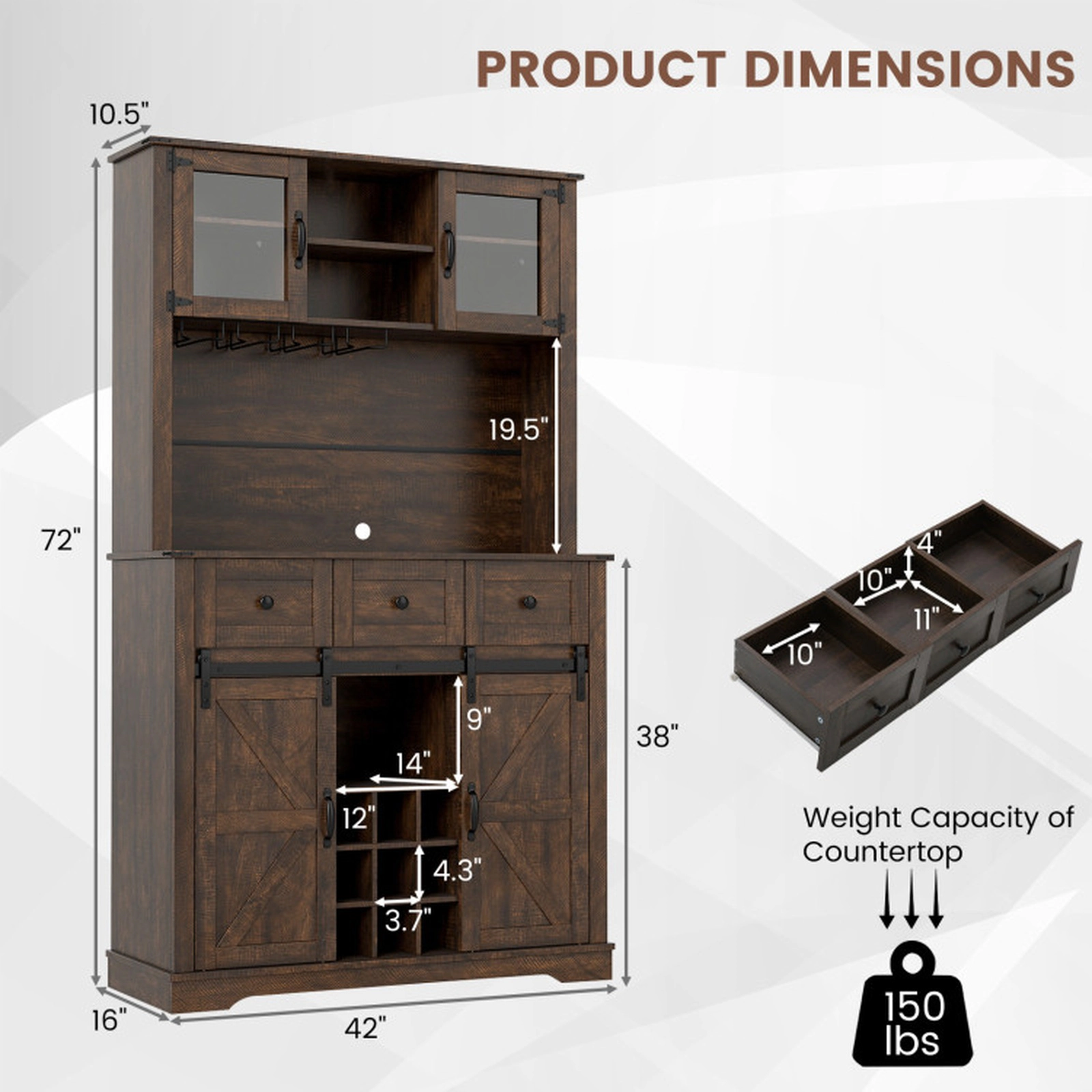 SUGIFT Coffee Bar Sideboard Cabinet with Glass Hutch Drawers Wine Rack 150-lb Countertop Capacity Brown