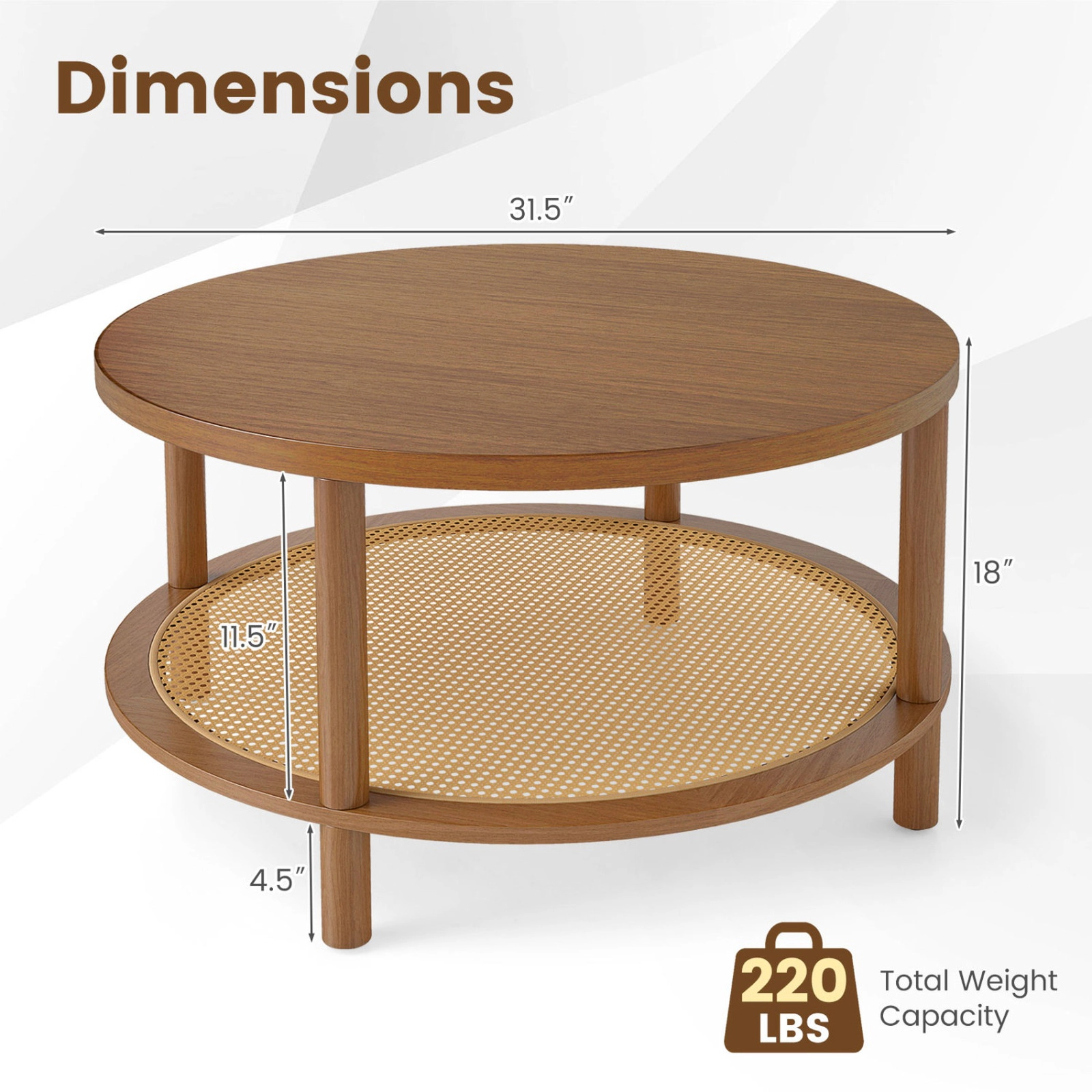 SUGIFT 2-Tier Round Wood Veneer Top PE Rattan Shelf Coffee Table 31.5-in x 31.5-in x 18-in 220-lb Capacity Walnut