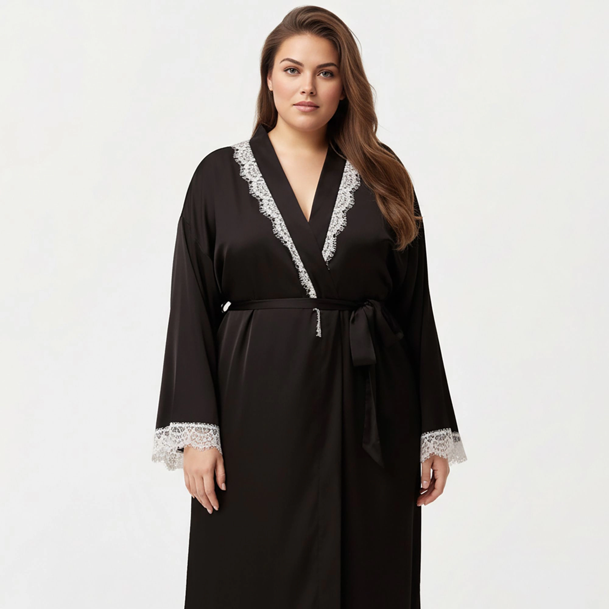 Anna-Kaci Women's Plus Long Robe Lace Trim on Collar and Cuffs Featuring Soft Flowing Fabric Adjustable Belt