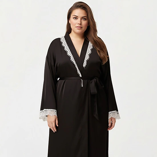 Anna-Kaci Women's Plus Size Long Robe Lace Trim on Collar and Cuffs Featuring Soft Flowing Fabric and Adjustable Belt