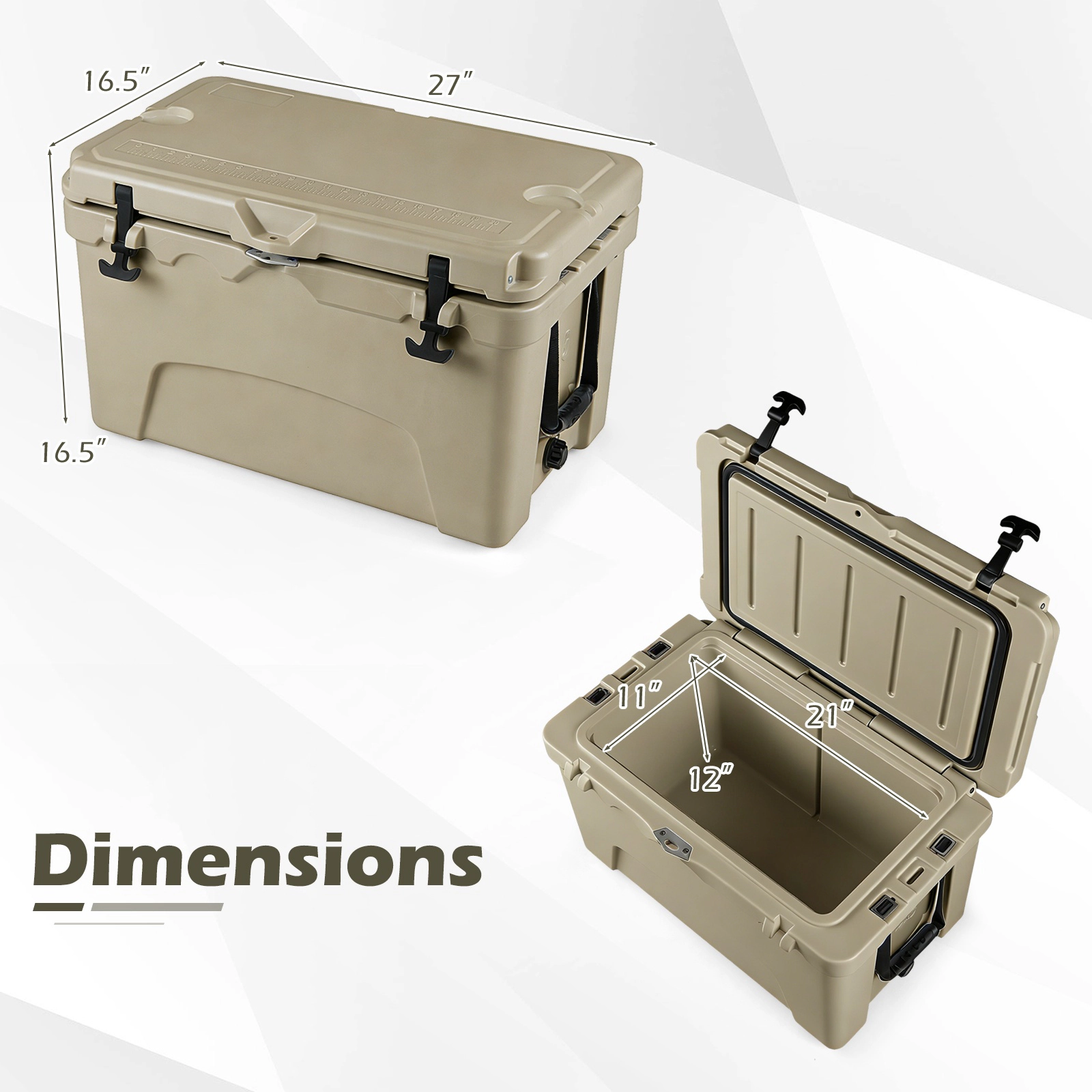 SUGIFT 45-qt Khaki Portable Hard Cooler Ice Chest with 6-Day Ice Retention Built-In Ruler and 2 Cup Holders