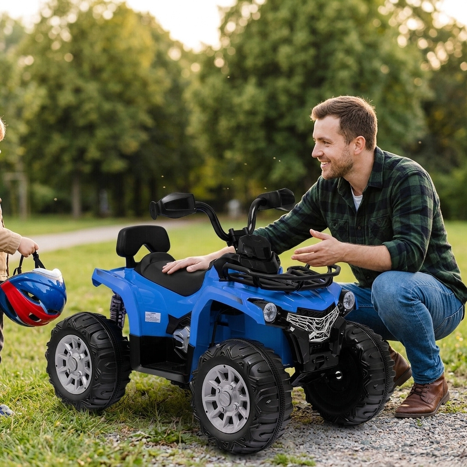 12V Kids Electric Four Wheeler ATV Pedal Acceleration Forward/Reverse Oversized Wheels Headlights MP3 Ages 3-8 Blue