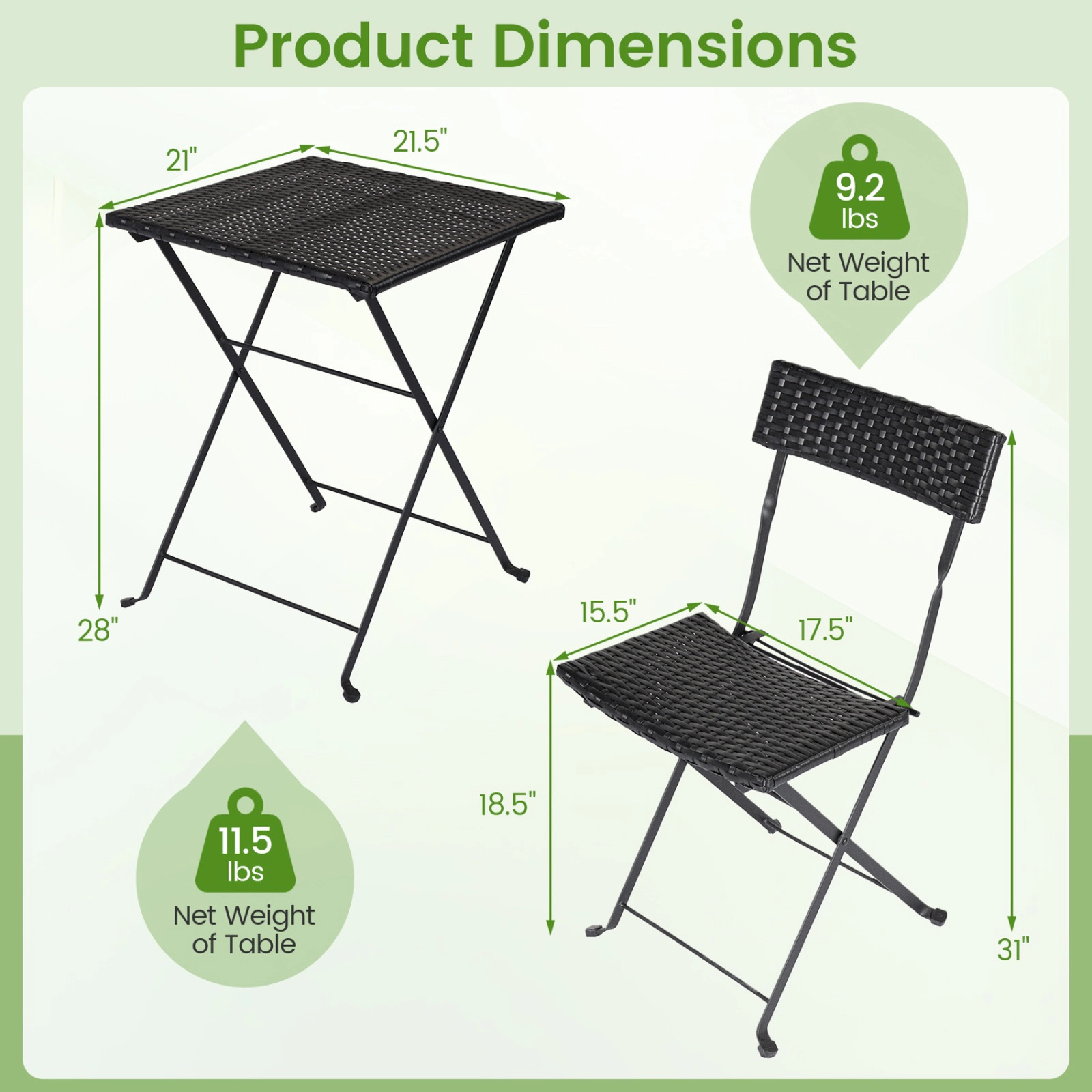 SUGIFT 3-Piece Black Folding PE Wicker Bistro Set with Round Table