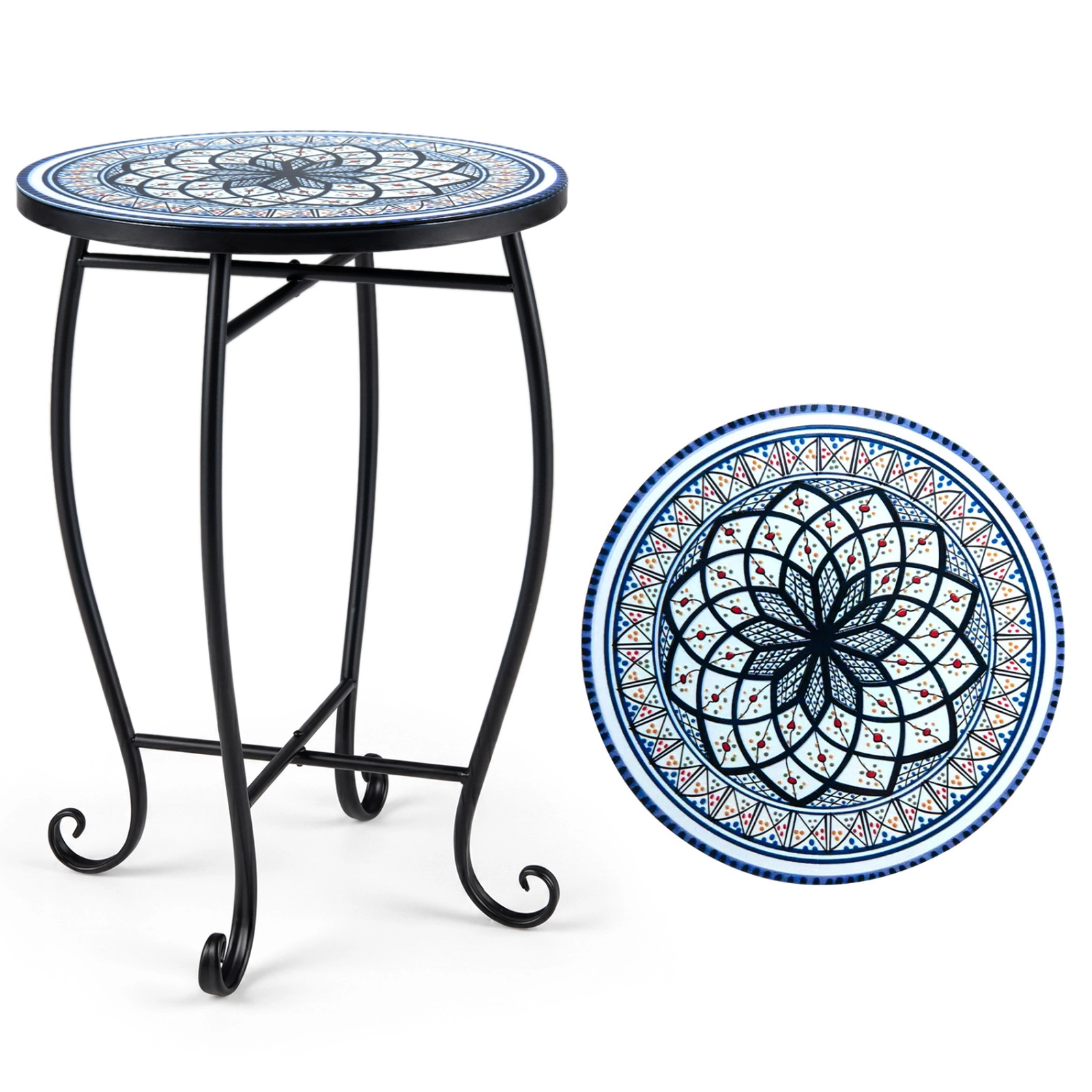 SUGIFT Round Metal Floral Mosaic Style Top Protective Feet Patio Accent Table In White