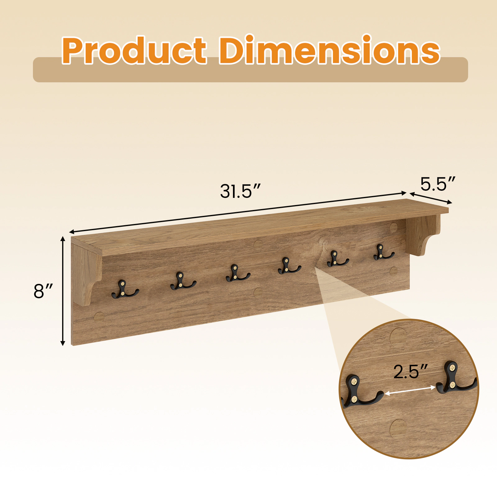 SUGIFT Wall Hooks with Shelf Natural 31.5 Inch Wooden Coat Rack with 6 Hooks