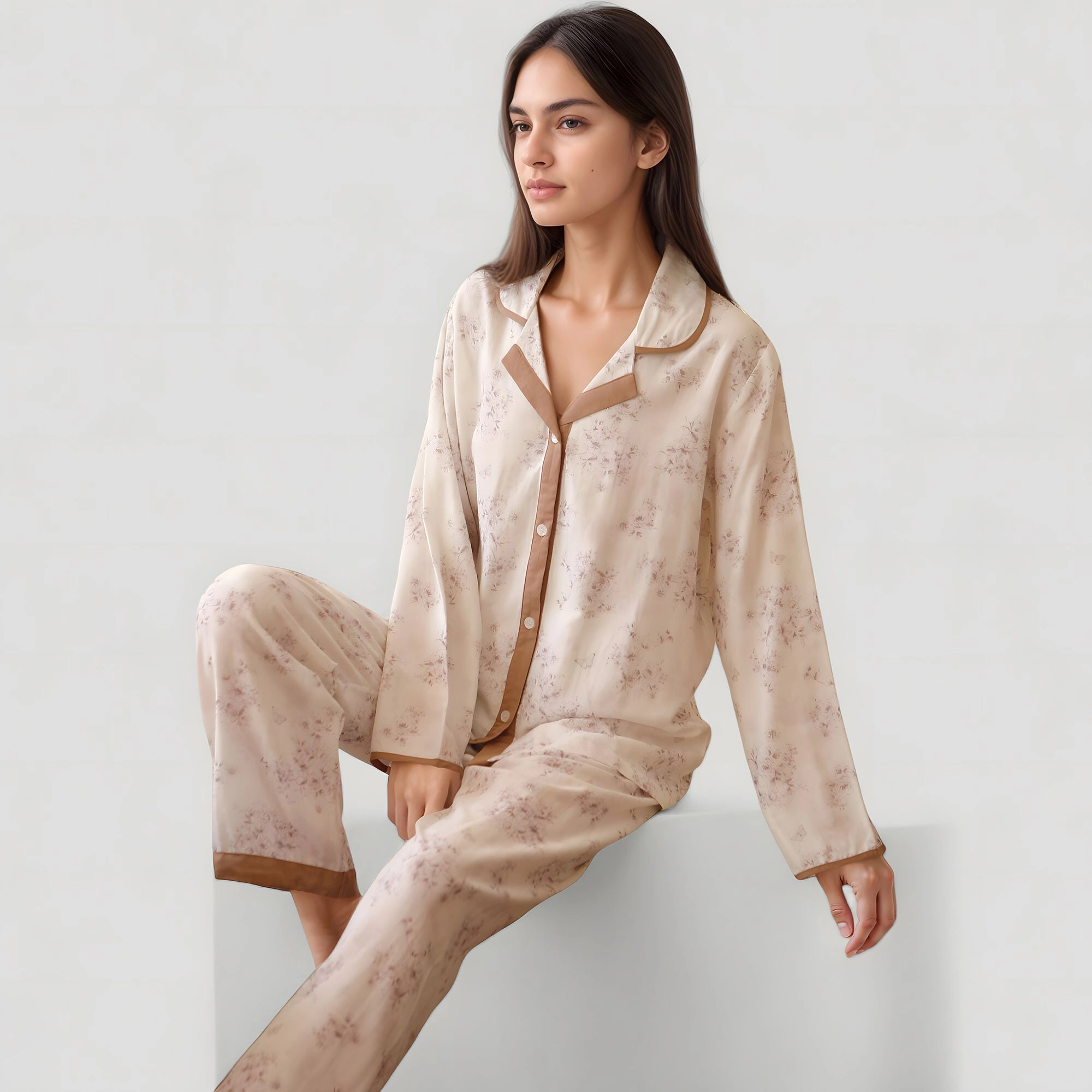Anna-Kaci Women's Floral Print Long Sleeve Pajama Set with Contrast Piping Trim and Relaxed Button Up Shirt