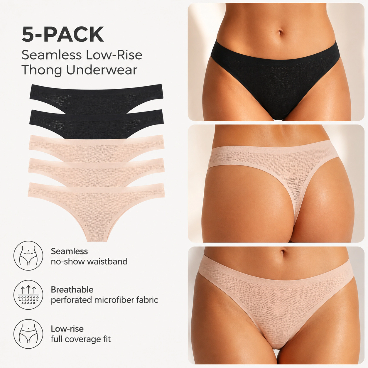 WZK Womens 5-Pack Seamless No Show Workout Soft Breathable Comfort Thongs