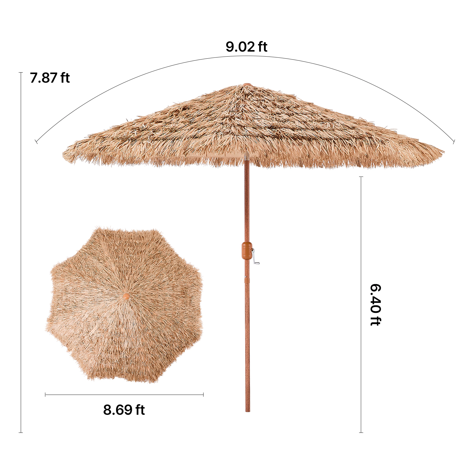 HONGGE Tiki Umbrella 9 ft Thatched Patio Umbrella with Tilt Hawaiian Style Beach Parasol, PP Thatch, 8 Metal Ribs