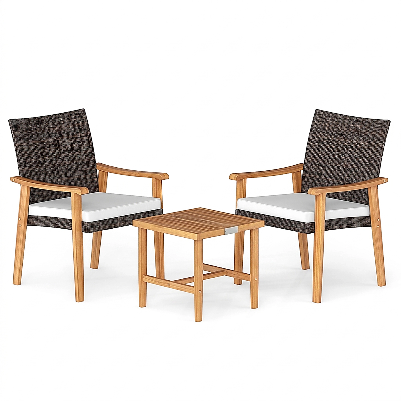 SUGIFT Patio Conversation Bistro Set PE Wicker & Acacia Wood 400-lb Chairs 180-lb Table Off White Cushions Mix Brown