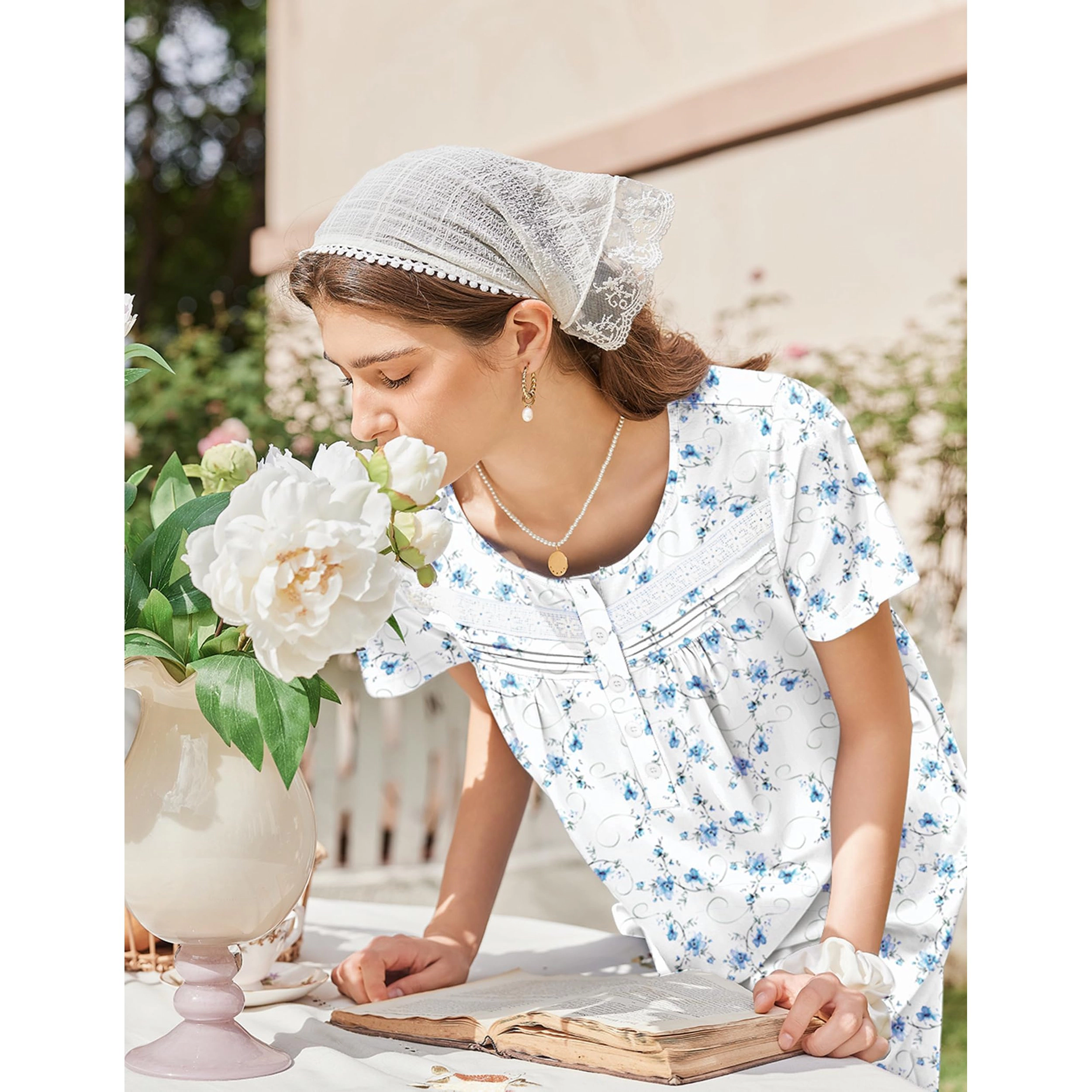 Ekouaer Nightgown for Women Cotton Long Night Gown Short Sleeve Nightdress with Pockets Button