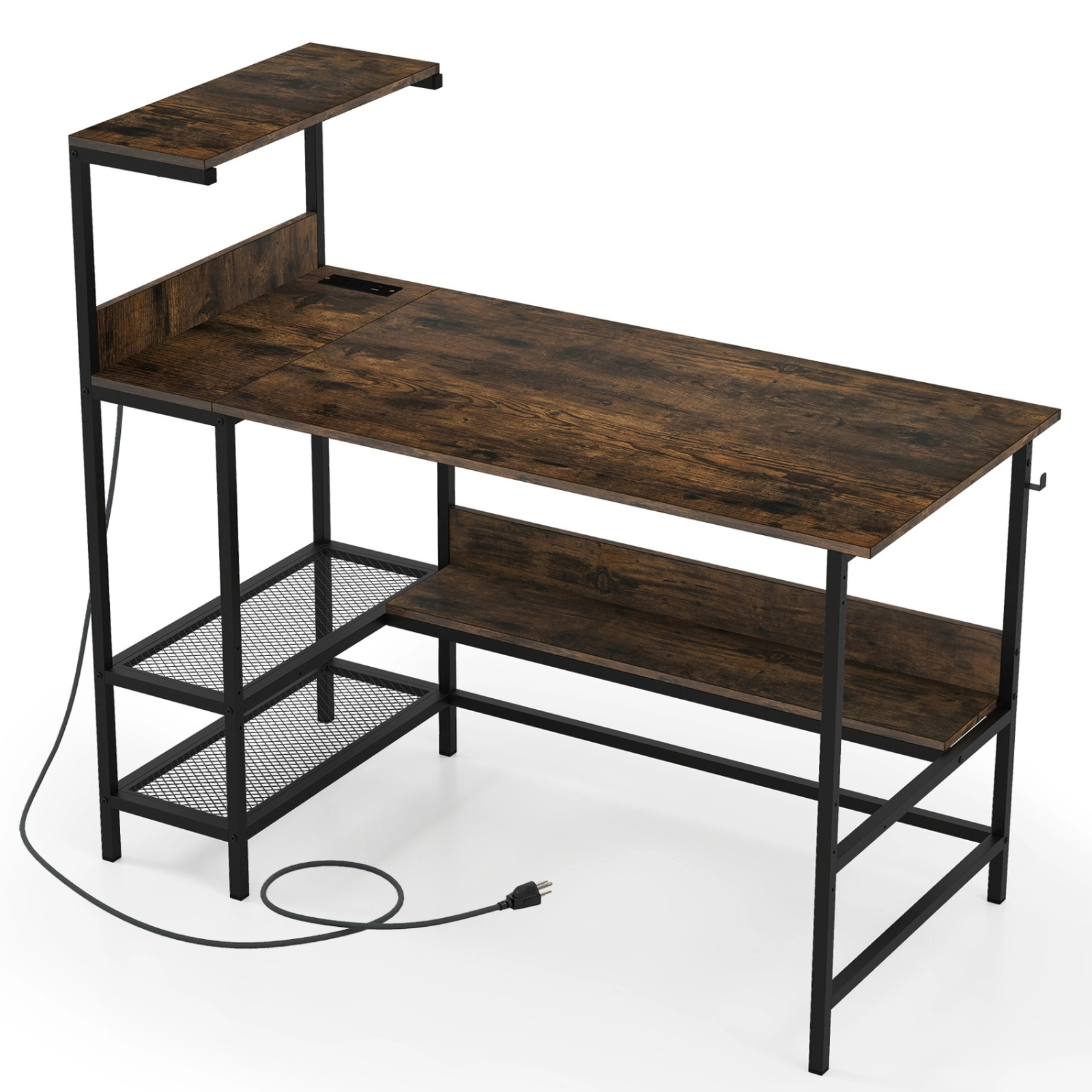 SUGIFT 48-Inch Rustic Brown Computer Desk with 3-Tier Storage Tower and Mesh Shelves
