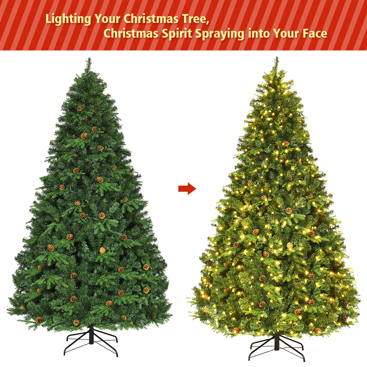 Costway 7Ft/7.5FT/8FT Pre-Lit Christmas Tree Hinged 460/540/600 Lights