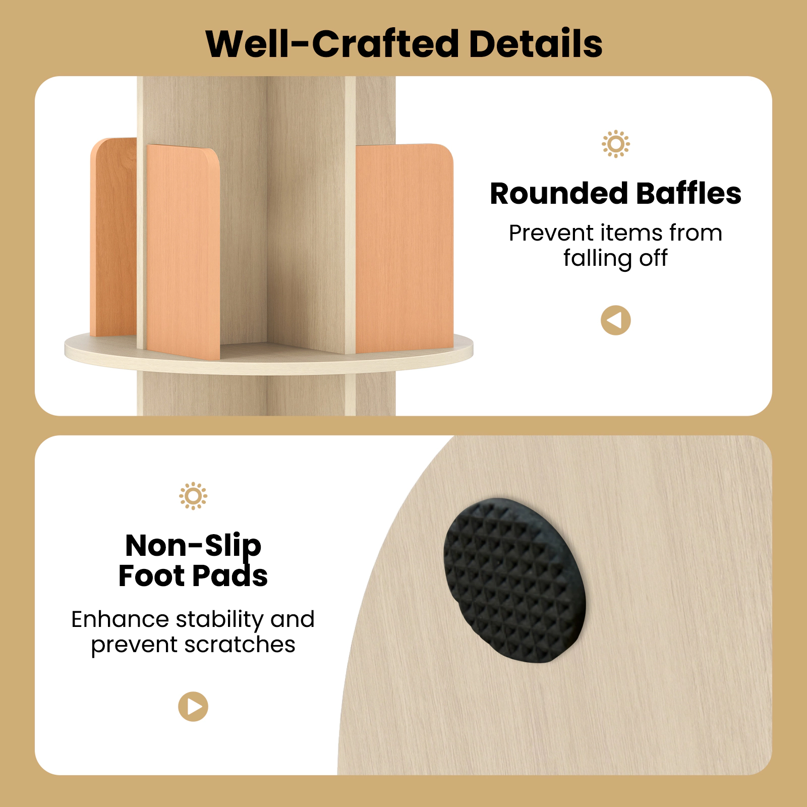 SUGIFT Natural 2-Tier Rotating Bookshelf with Dividers and Anti-Falling Baffles