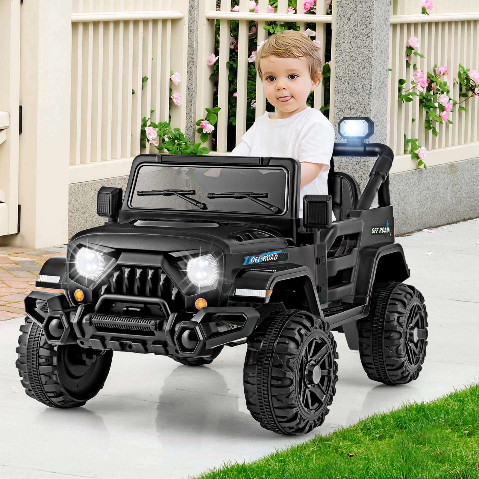 Costway 12V Kids Ride on Truck Car w/Remote Control, Threaded Wheels 3 Speeds LED Lights Pink