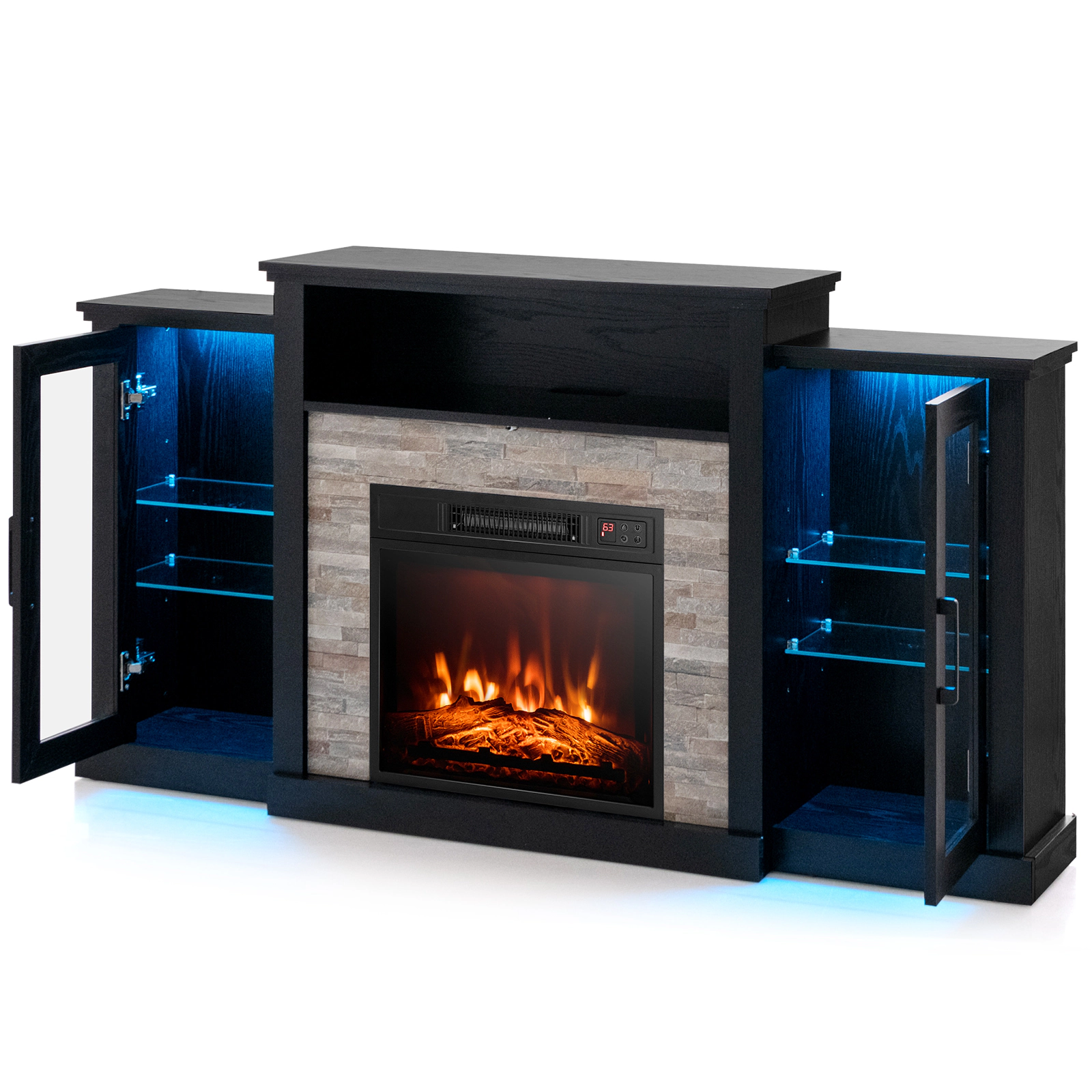 SUGIFT Fireplace TV Stand for TVs up to 65 with 16 Color LED Lights and Glass Shelves
