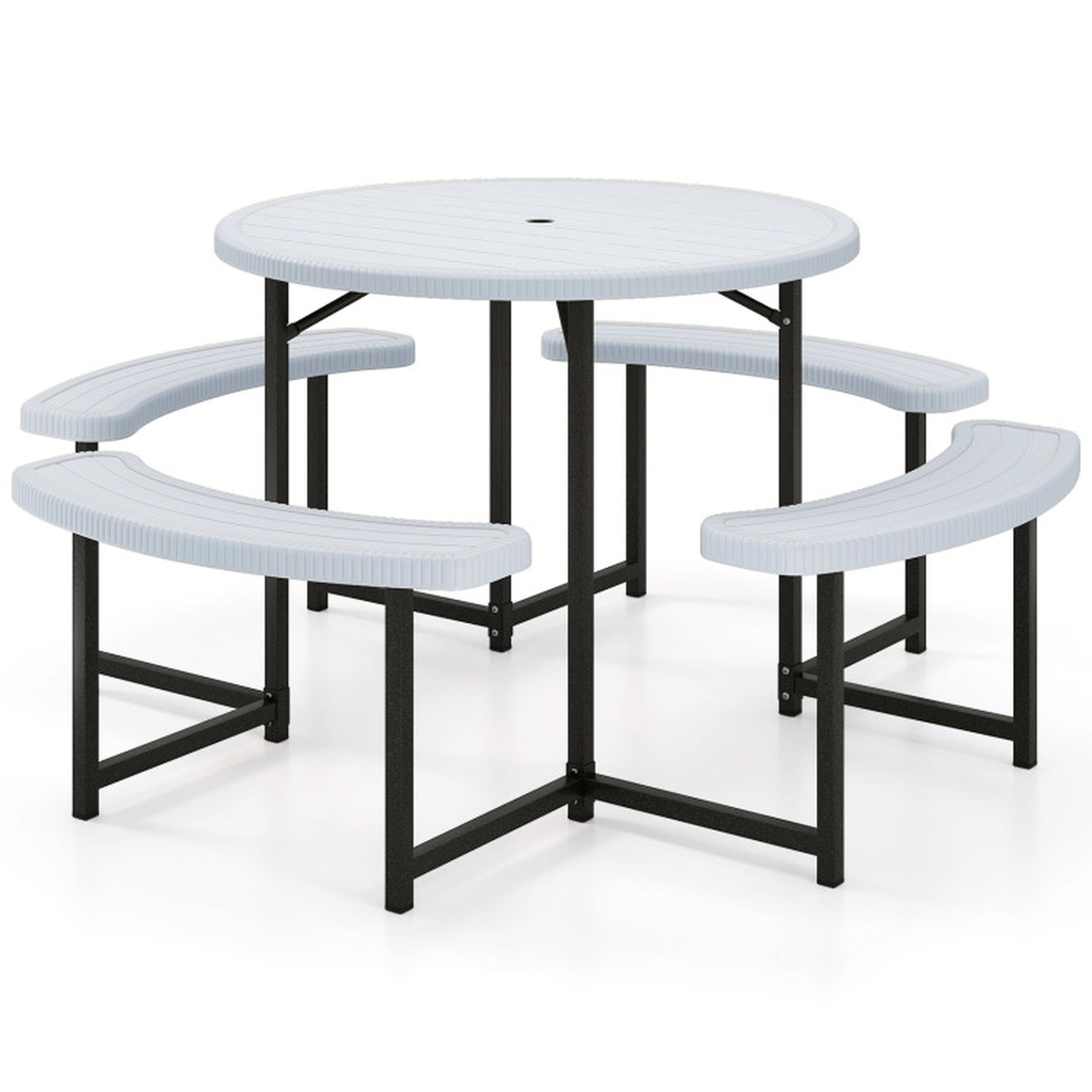 SUGIFT White Round Picnic Table with 4 Curved Benches and Umbrella Hole 37-in Dia 29-in H 200-lb Tabletop Capacity