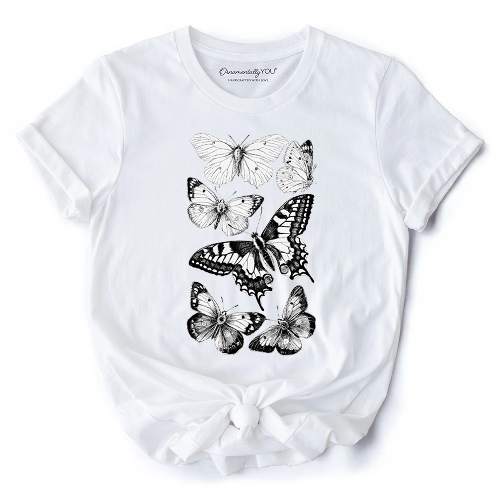 OrnamentallyYou Womens Vintage Butterfly Sketch Botanical Insect Art T-Shirt