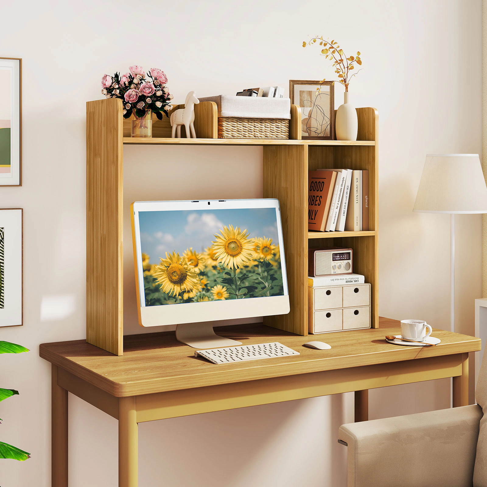 SUGIFT 3-Tier Desktop Bookshelf with 4 Shelves and Open-Back Monitor Compartment
