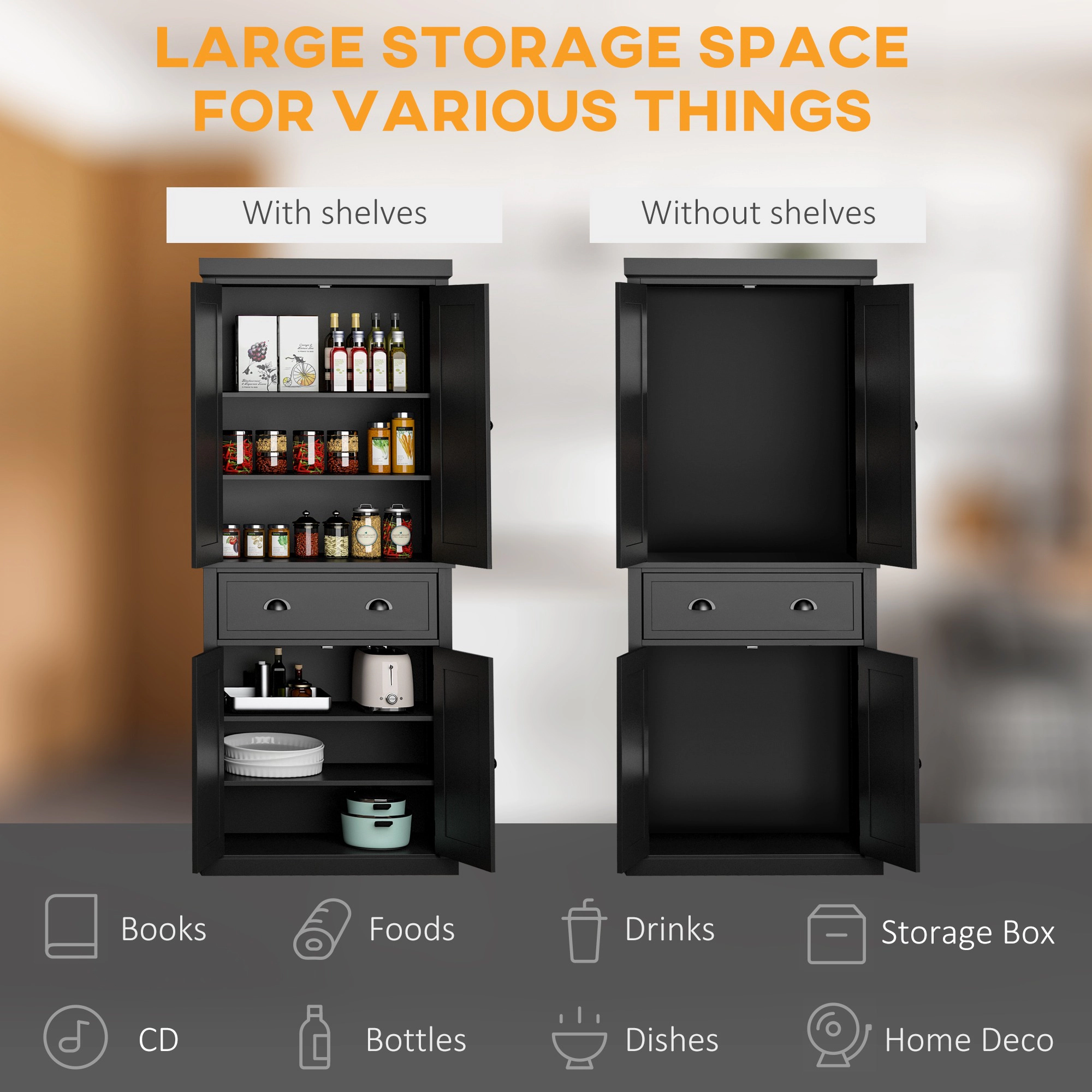 HONGGE Kitchen Cabinet Pantry Storage Cabinet with Doors and Shelves Freestanding Food Pantry Cabinet