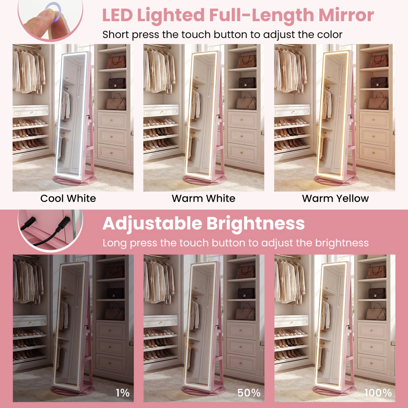 SUGIFT 63-in Pink Lockable Standing Jewelry Armoire Cabinet with LED Full-Length Mirror and Rotating Base