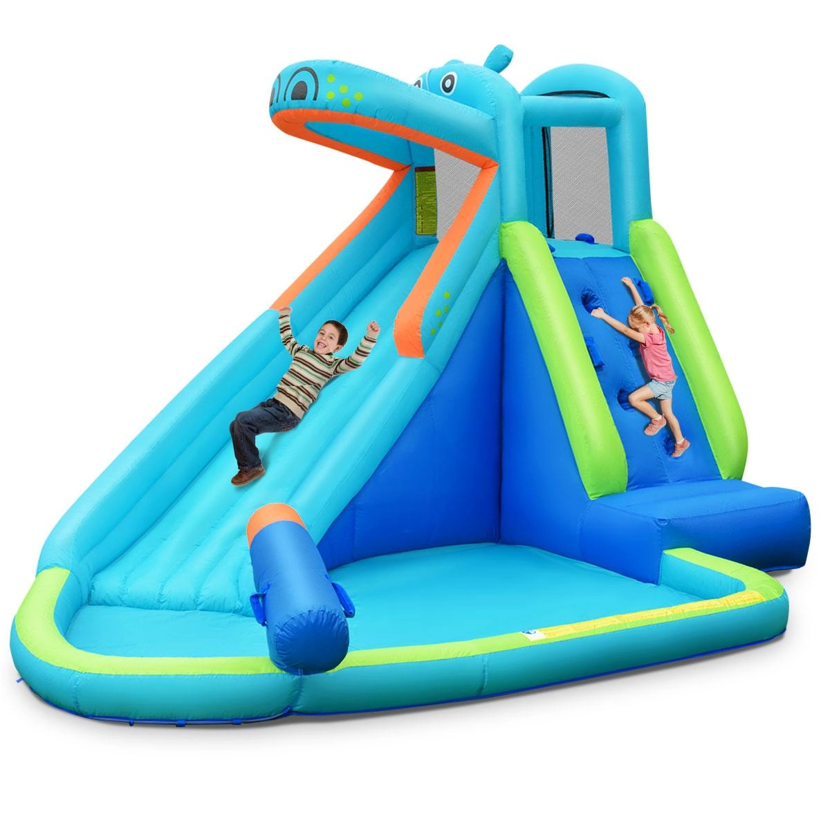 SUGIFT Kids Blue Hippo Inflatable Water Slide with Splash Pool and Climbing Wall 12.5-ft W 200-lb Total Capacity