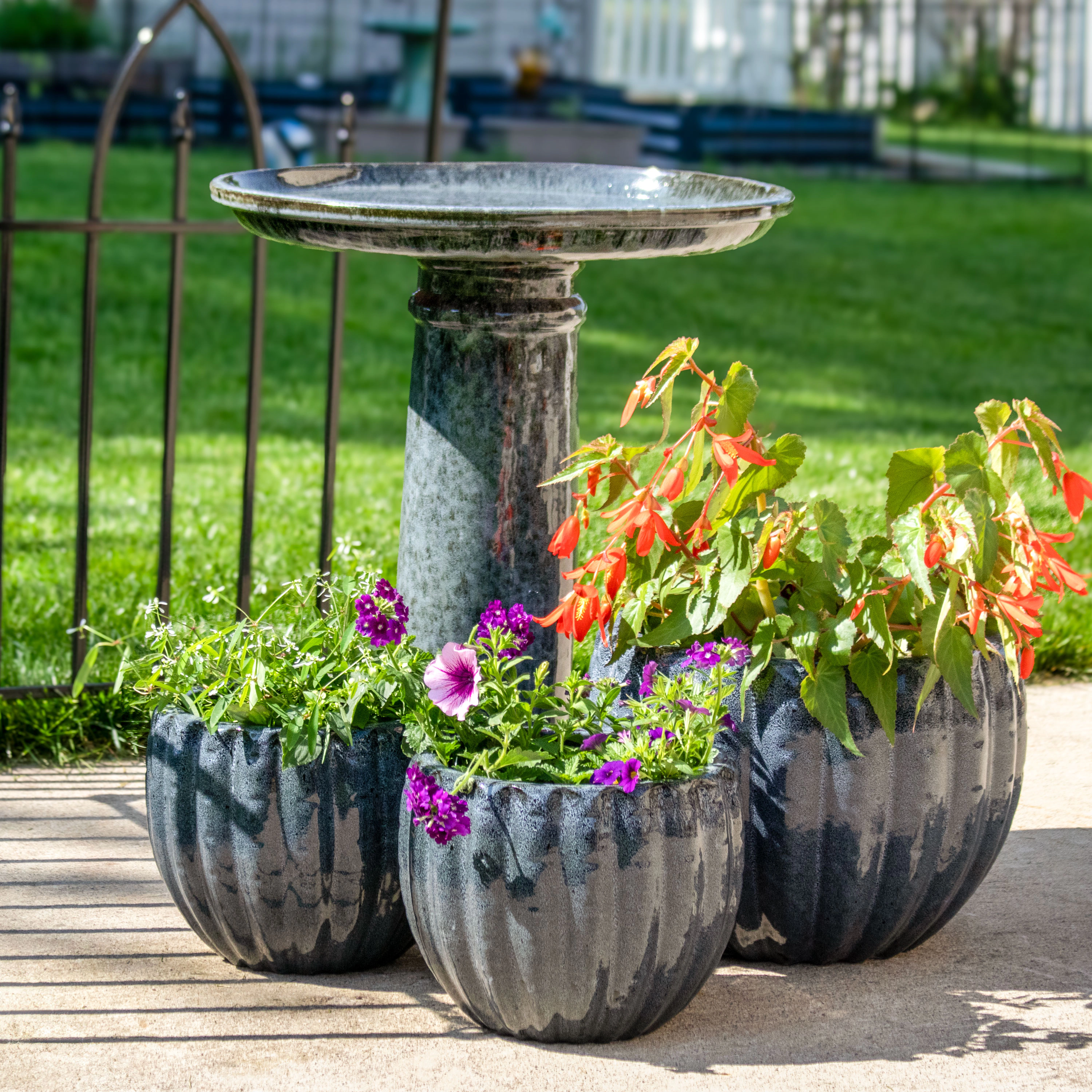 Sunnydaze Toulon Outdoor Ceramic Birdbath, 24.5” H, Black Mist Glaze