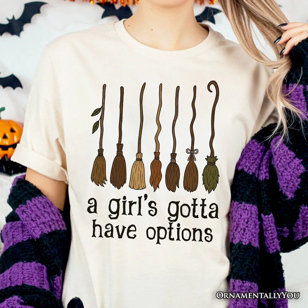 OrnamentallyYou Womens A Girl's Gotta Have Options" Funny Halloween Witch T-Shirt