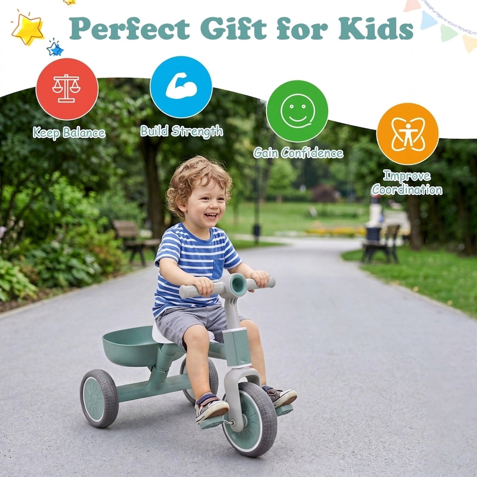 Toddler Trike with Triangle-Braced Frame Detachable Rear Basket and Removable Pedals for Ages 2-4 Convertible