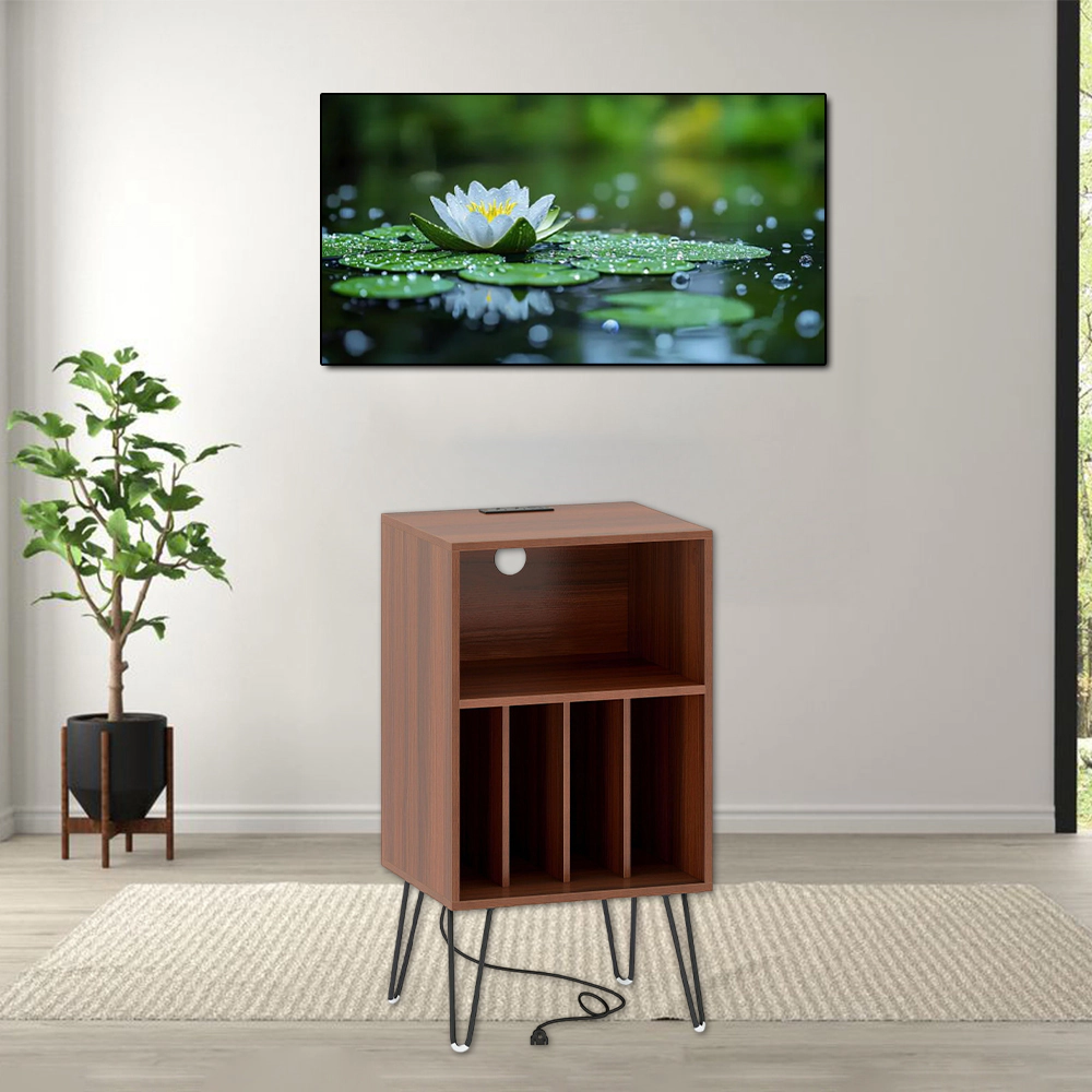 Hivvago Stylish Turntable Console with Power Hub and Record Storage Shelves