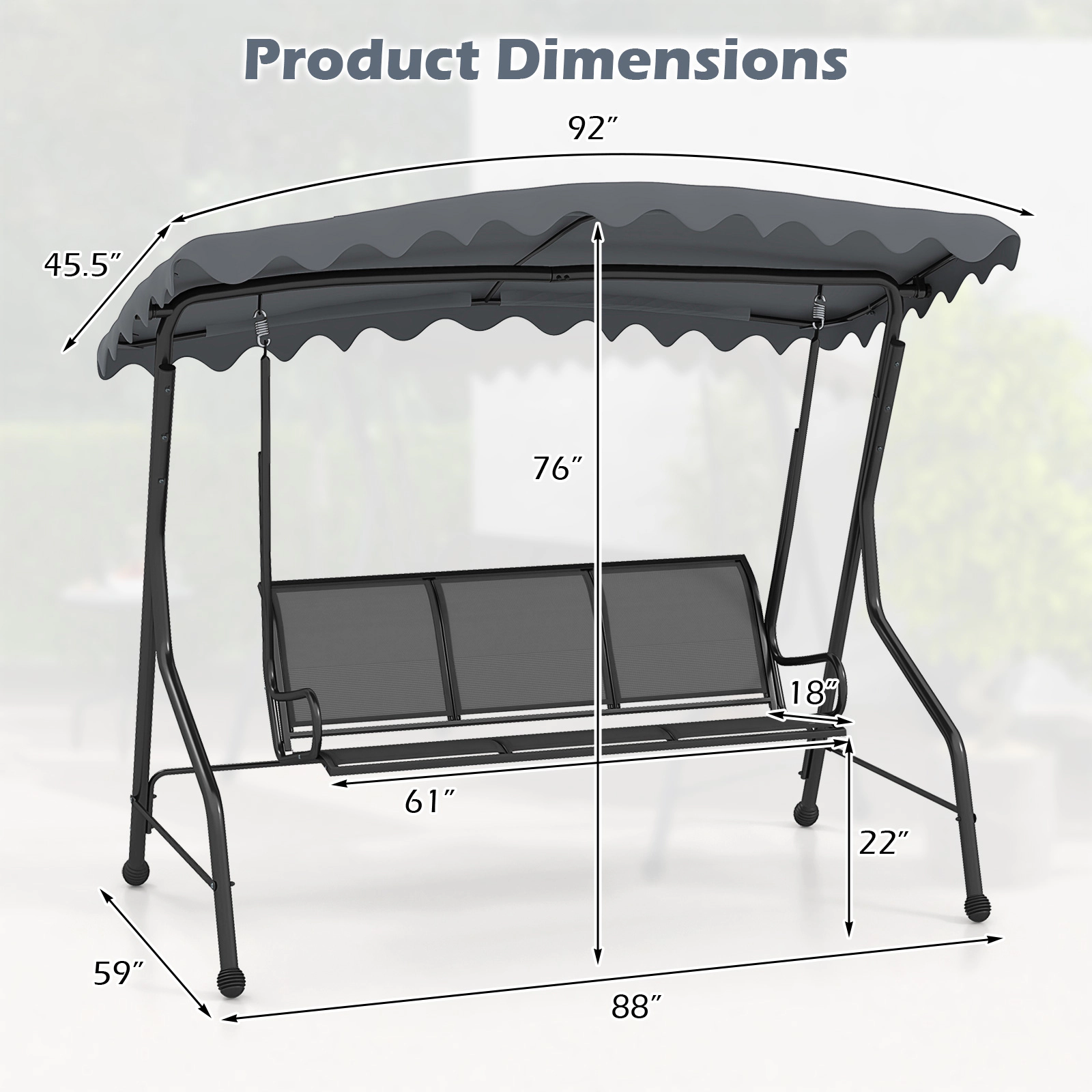 SUGIFT Gray 3-Seat Outdoor Porch Swing, 61-Inch Seat, Breathable Canopy, 1,000-Lb Capacity