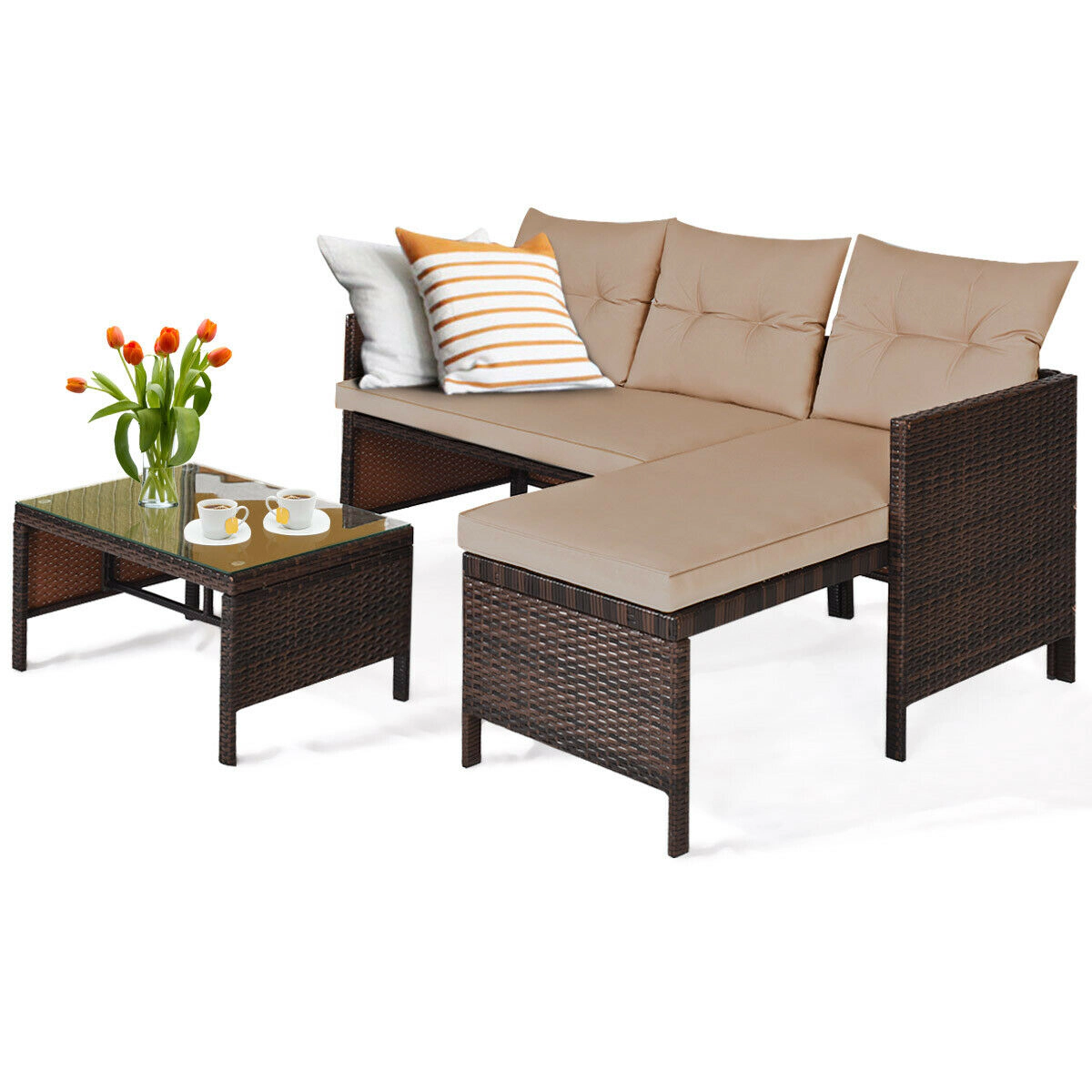 LJG 3 Pieces Patio Wicker Rattan Sofa Set