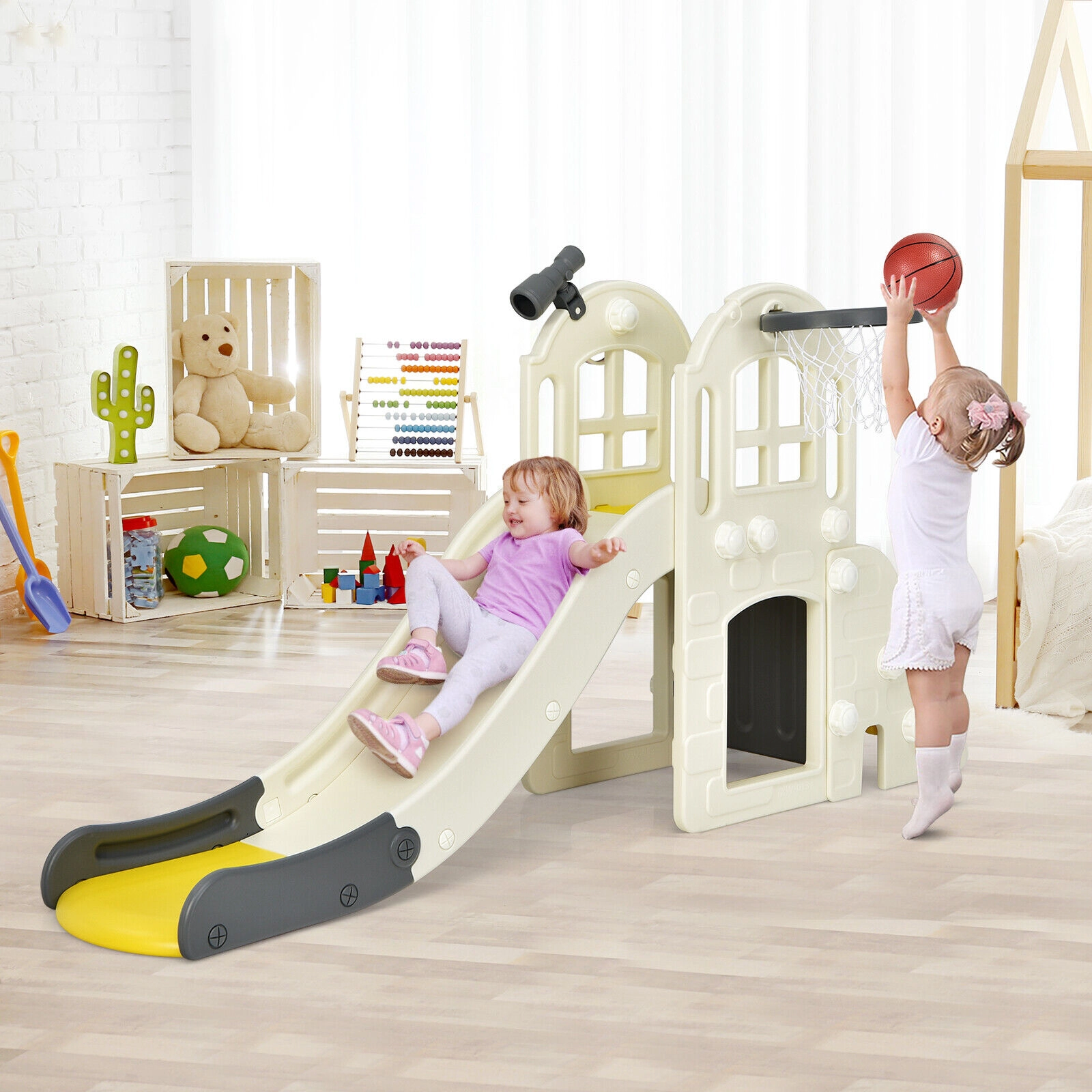 SUGIFT 6-in-1 Large Toddler Climber Slide Playset Basketball Hoop 75-in Frame 160-lb Platform Capacity Ages 3+ Yellow