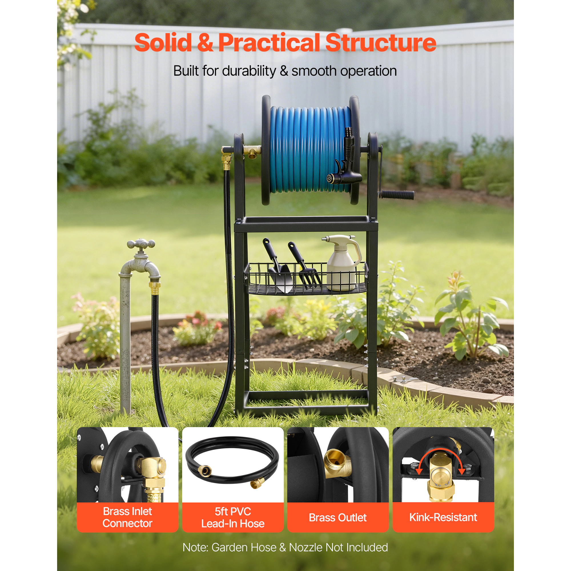 HONGGE Freestanding Garden Hose Reel, Holds 125 ft of 5/8-inch Hose, Wall or Ground Mount, 4-Spike Base