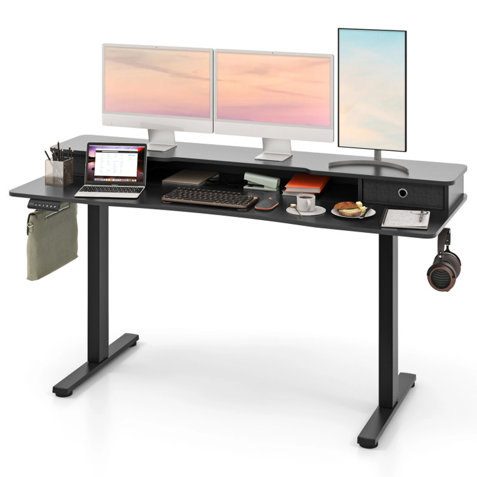 SUGIFT 63-in Black Large Electric Sit Stand Gaming Standing Desk with Dual Monitor Shelf and 2 Drawers