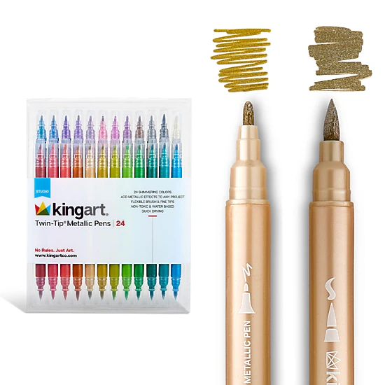 KINGART Twin-Tip Metallic Brush & Fine Pens - 24 Shimmering Water-Based Colors