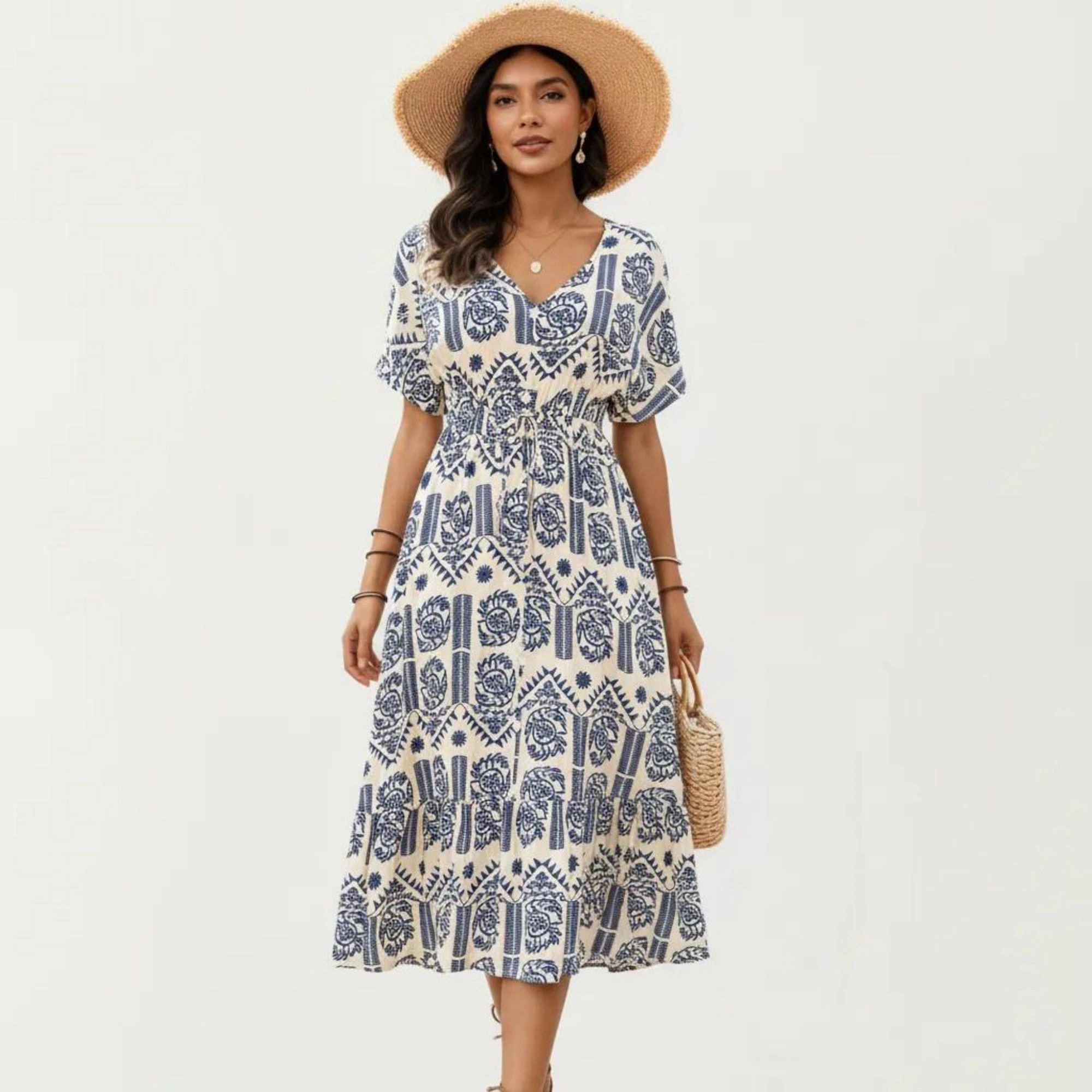 Anna-Kaci Womens Printed V-Neck Drawstring Waist Tiered Midi Dress