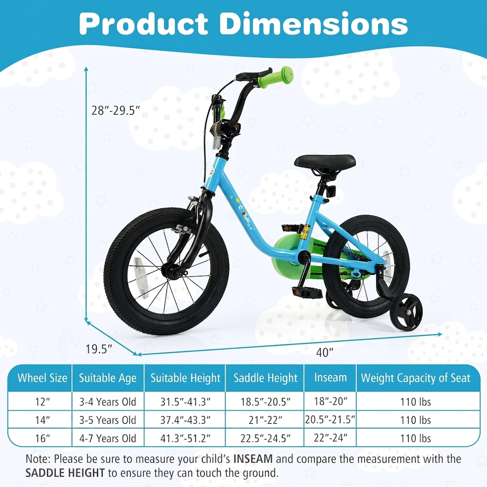 SUGIFT Kids Bicycle with Dual Brakes and Training Wheels 110-lb Capacity Ages 3-5 Years Blue + Green 14-Inch Wheels
