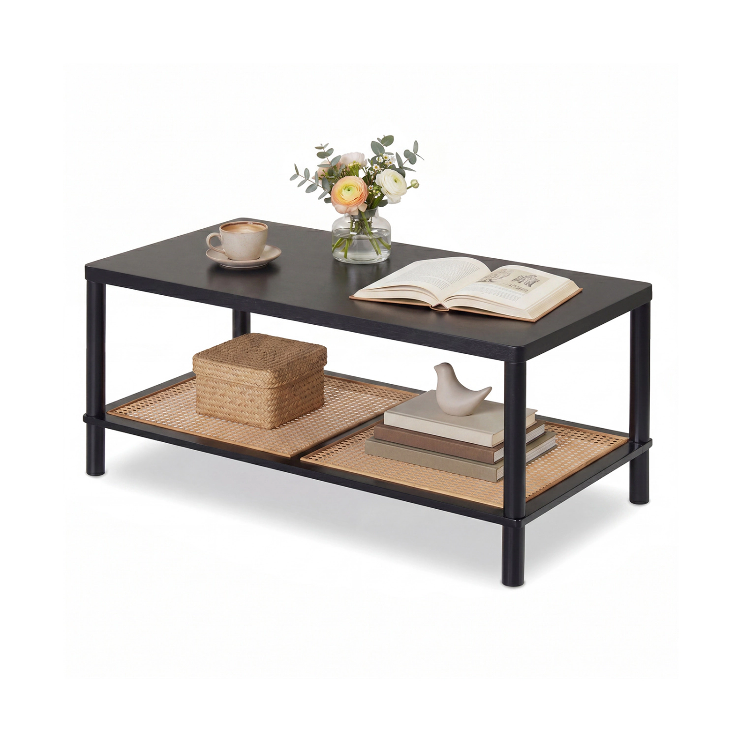 Glintex 2-Tier Boho 39-Inch Coffee Table with Faux Rattan Shelf