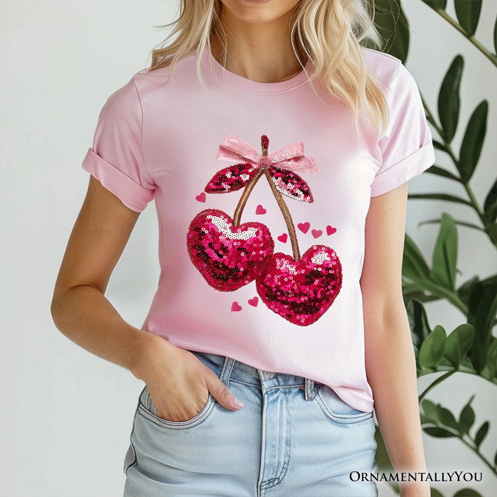 OrnamentallyYou Womens Sequin Cherry Heart "Mood For Love" Valentine T-Shirt