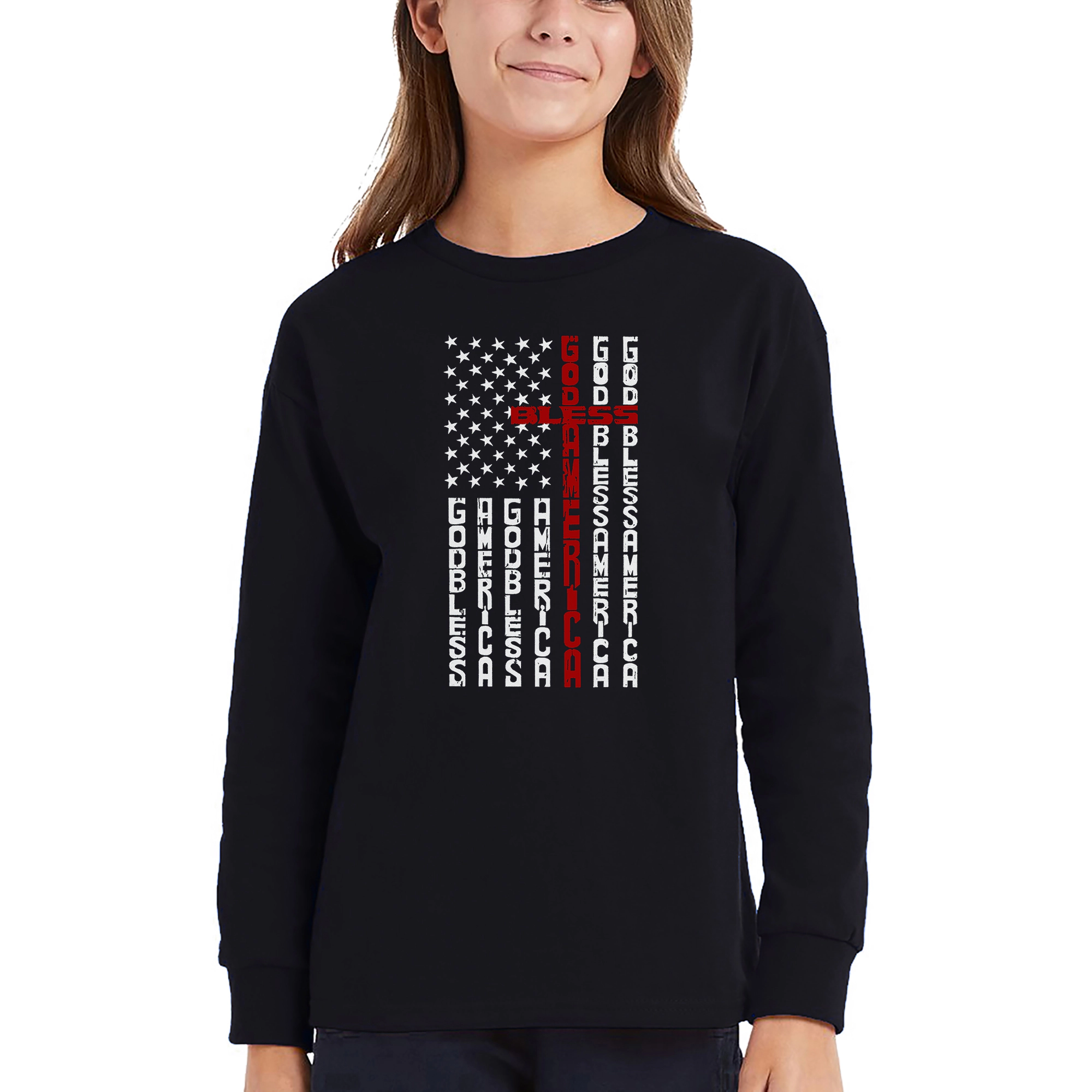 LA Pop Art Girls Long Sleeve Word T-Shirt - Cross Flag