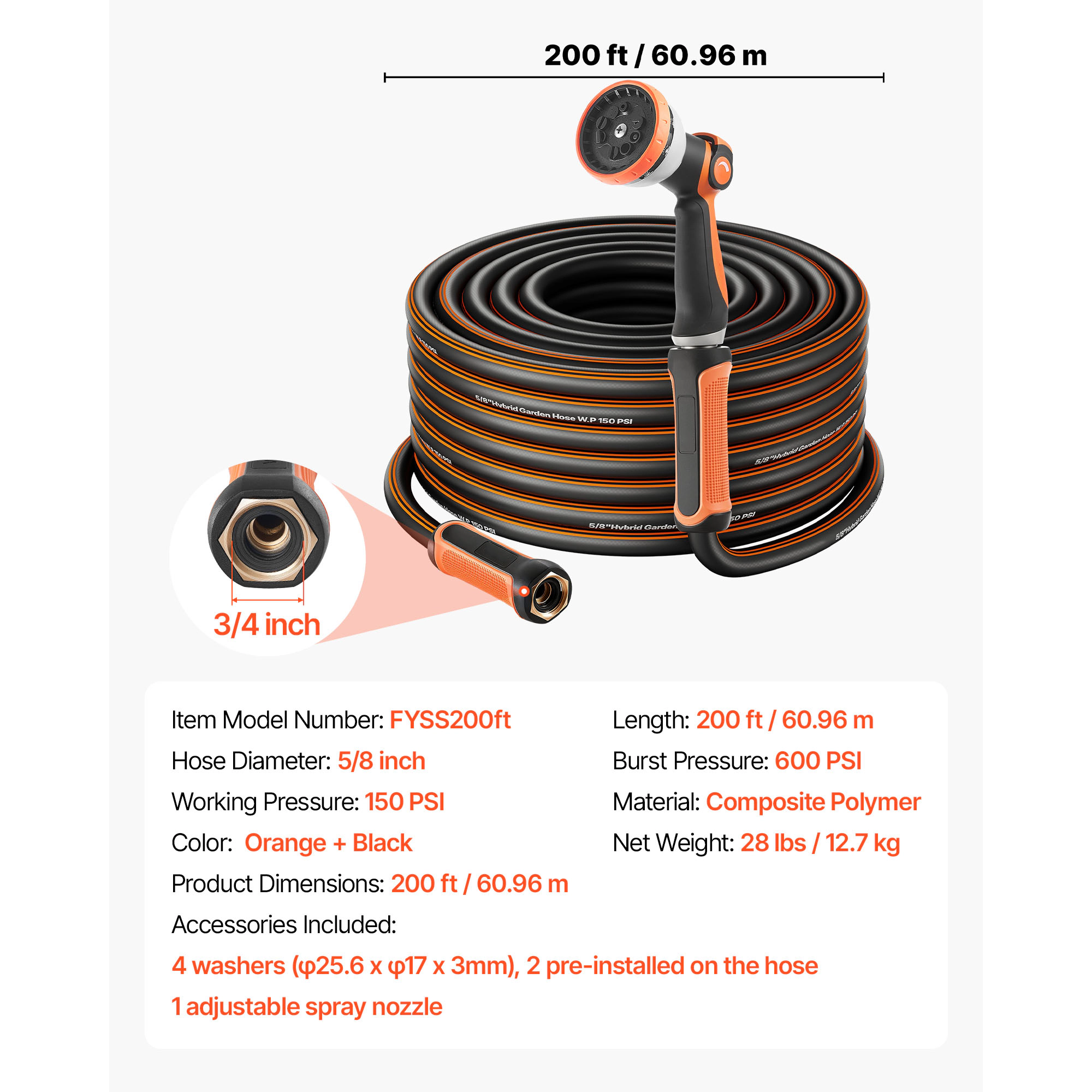 HONGGE Garden Hose 5/8" Heavy Duty Rubber Water Hose with 10 Mode Nozzle 150PSI Working & 600PSI Burst Flexible &