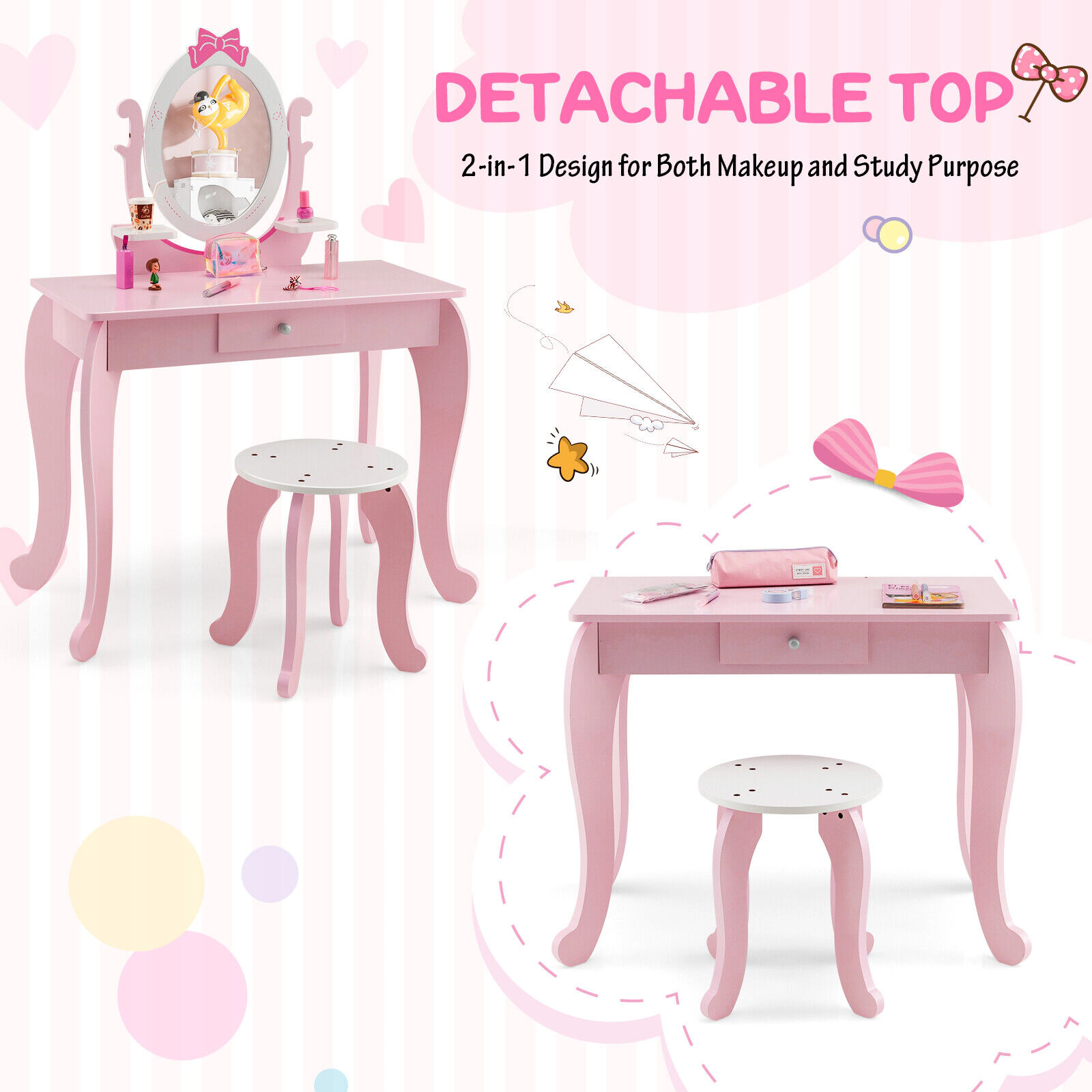 SUGIFT Pink Kids Vanity Table and Stool Set with Rotatable Oval Mirror