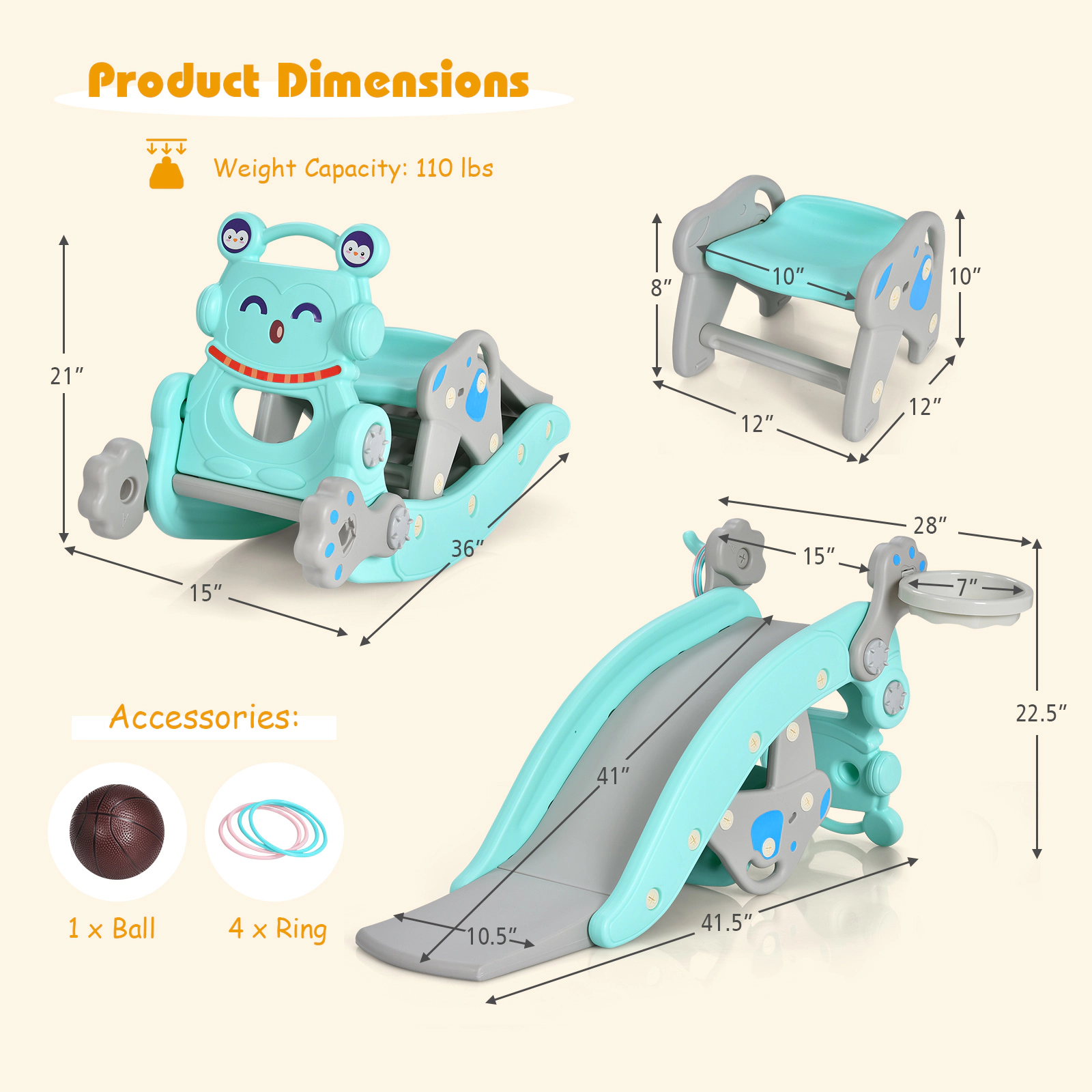 SUGIFT 4-in-1 Rocking Horse and Slide Set with Basketball Hoop and Ring Toss 132-lb Capacity Ages 1-5 Blue