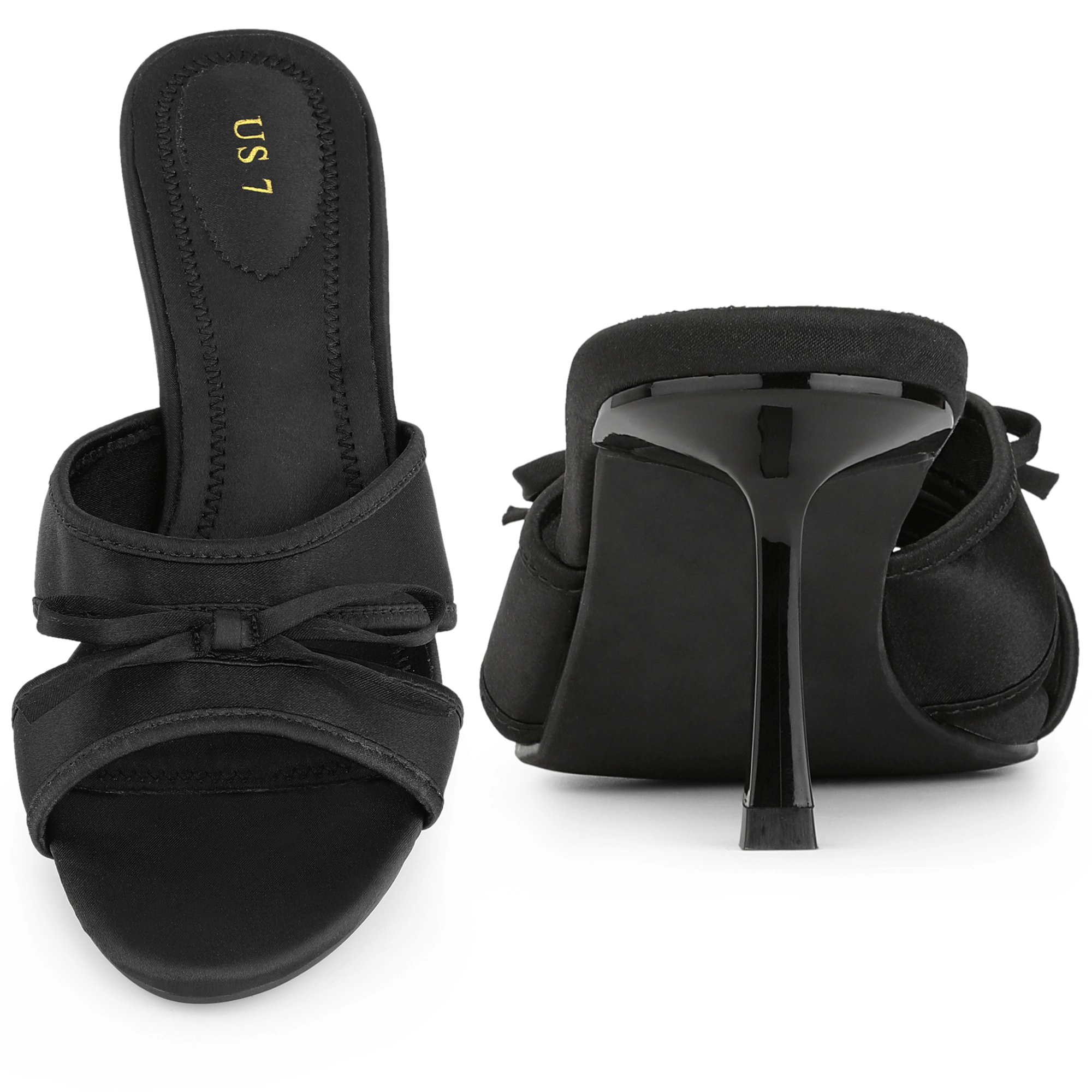 BLISSFUL STEP Women's Satin Bow Slip on Stiletto Heel Sandals