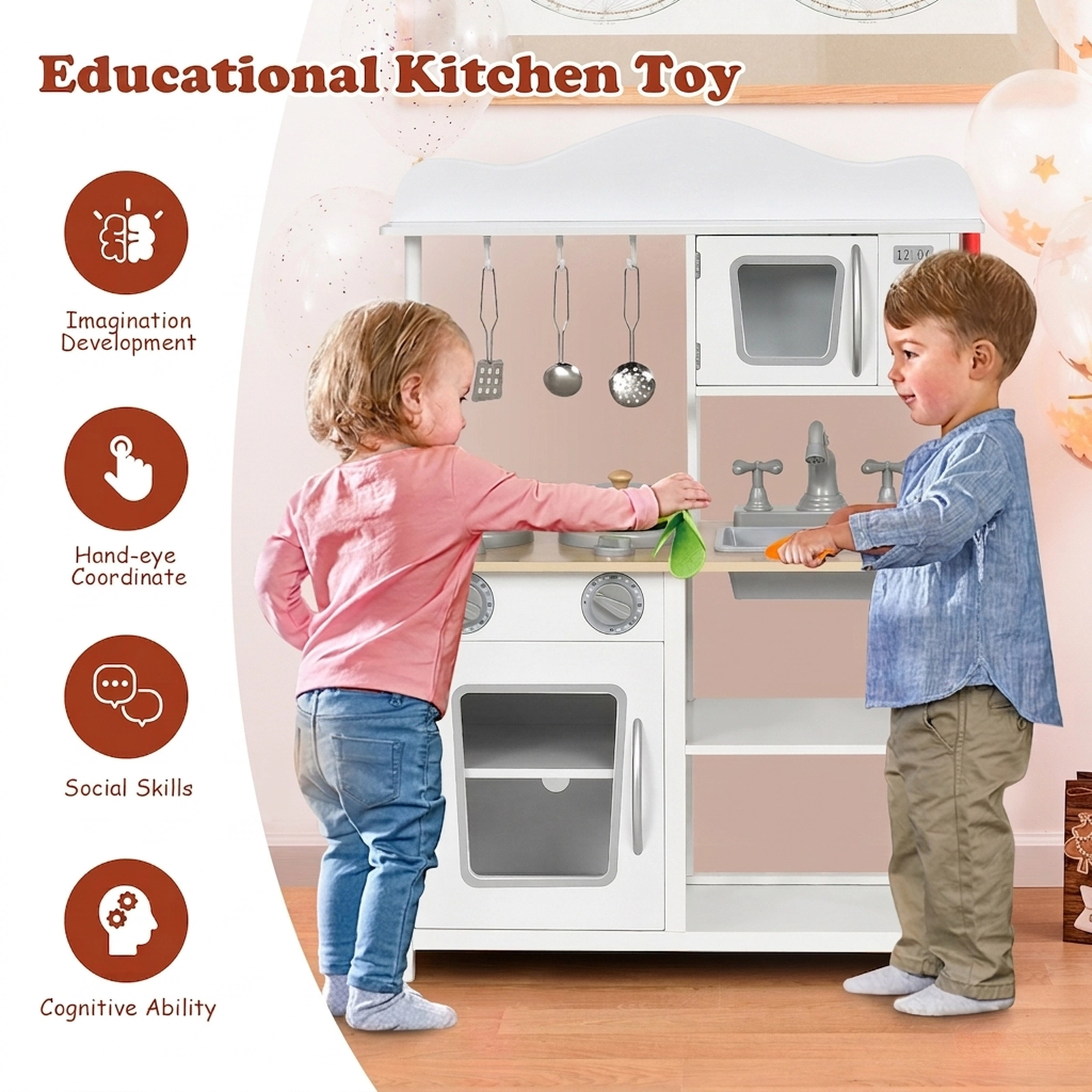 Wooden Pretend Play Kitchen Set for Kids Sink Oven Clicking Stove Knobs 2-Tier Shelf 23.5-in x 12-in x 32.5-in White