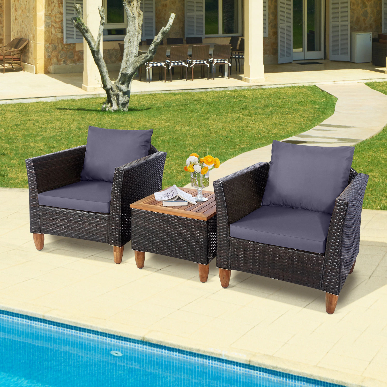 SUGIFT Outdoor Patio Wicker Conversation Set with Cushions and Acacia Wood Coffee Table 400-lb Chair Capacity Gray